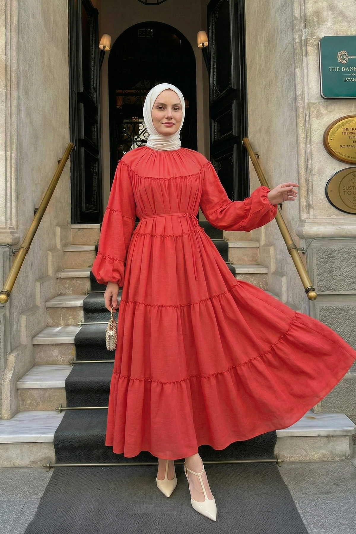 Şifon Fırfırlı Elbise Y0063 - NAR ÇİÇEĞİ |  