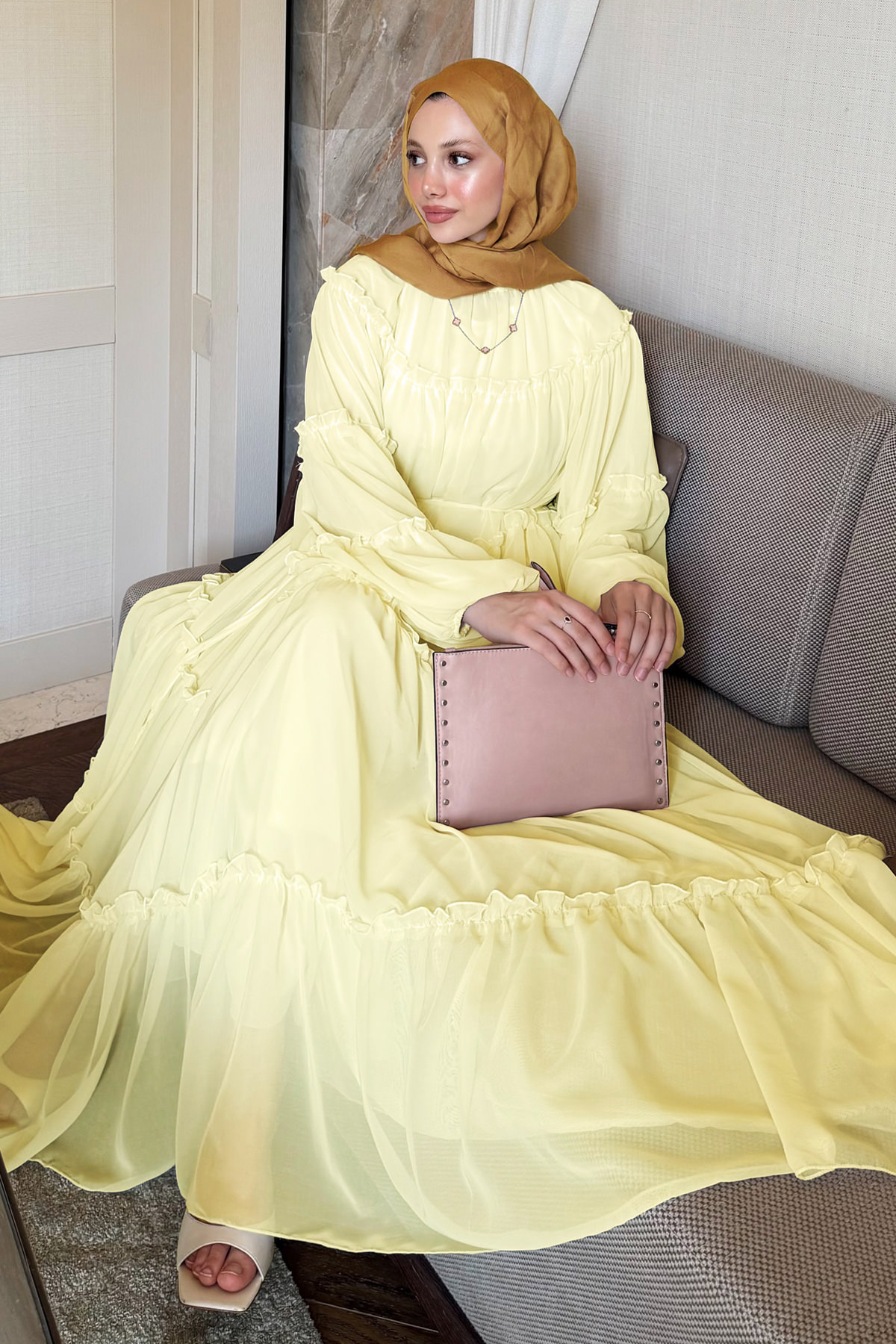 Şifon Fırfırlı Elbise 9886 - SARI |  