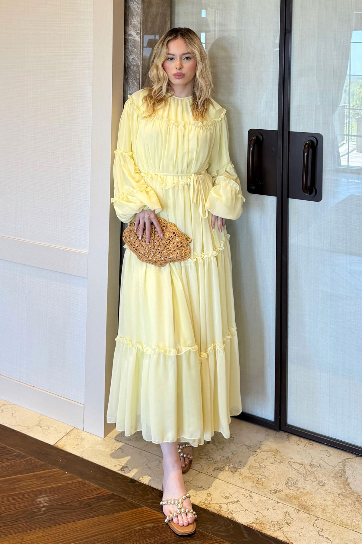 Şifon Fırfırlı Elbise 9886 - SARI |  