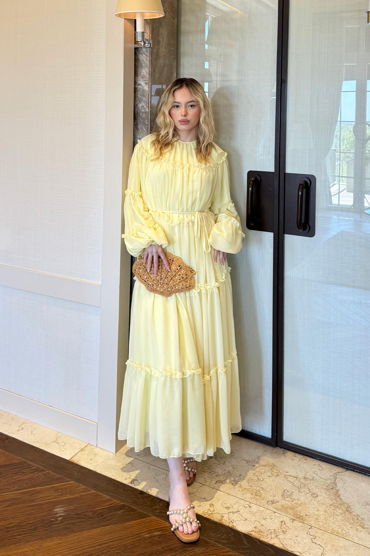 Şifon Fırfırlı Elbise 9886 - SARI |  