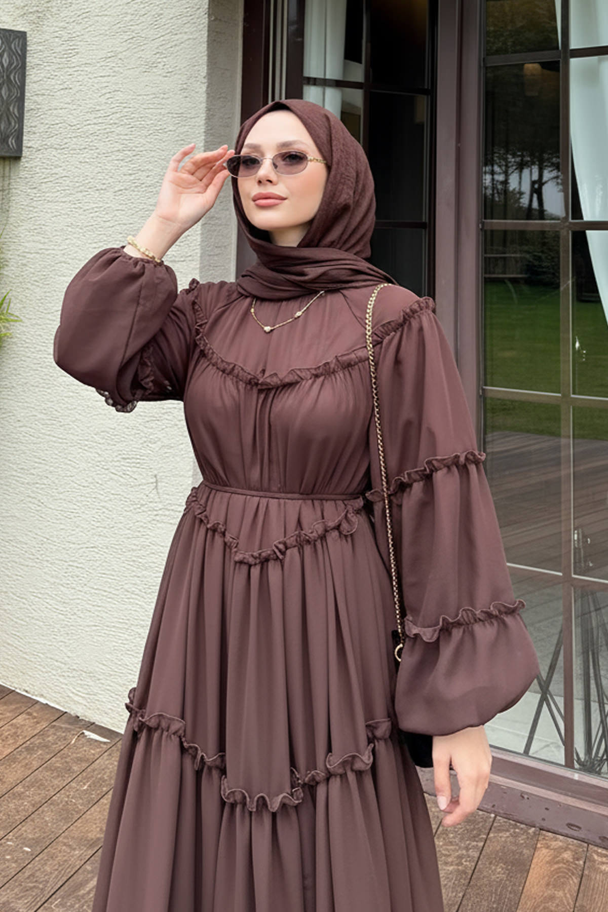 Şifon Fırfırlı Elbise Y0063 - KAHVERENGİ |  