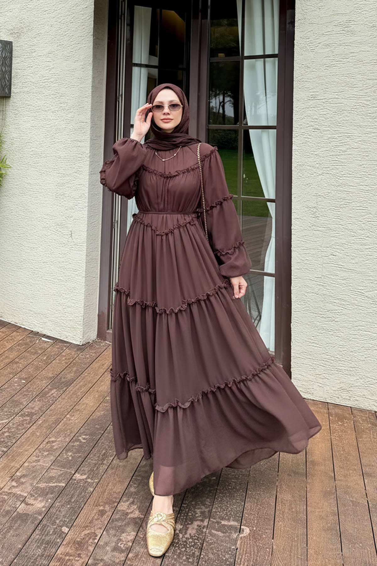 Şifon Fırfırlı Elbise Y0063 - KAHVERENGİ |  