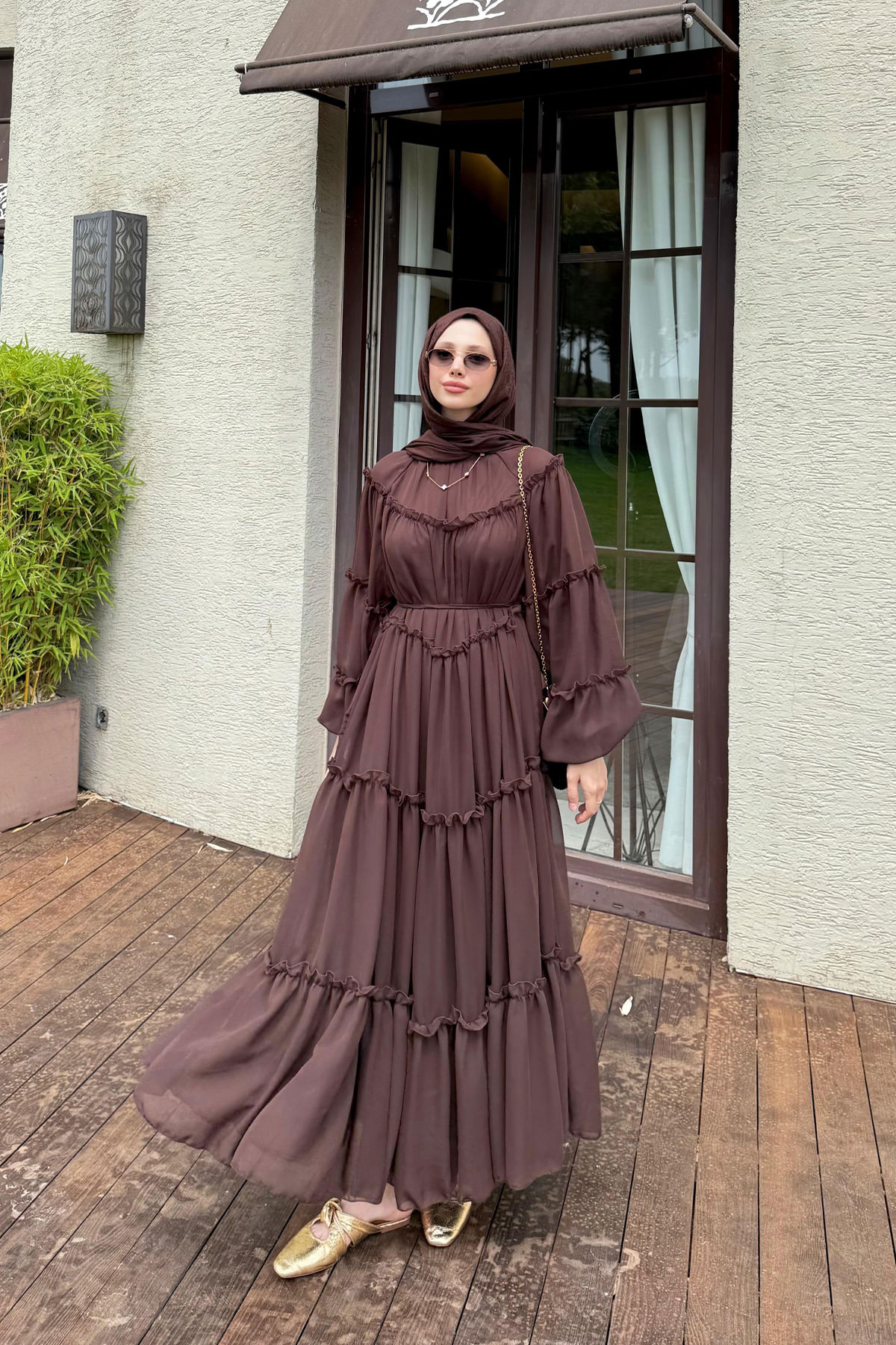 Şifon Fırfırlı Elbise Y0063 - KAHVERENGİ |  