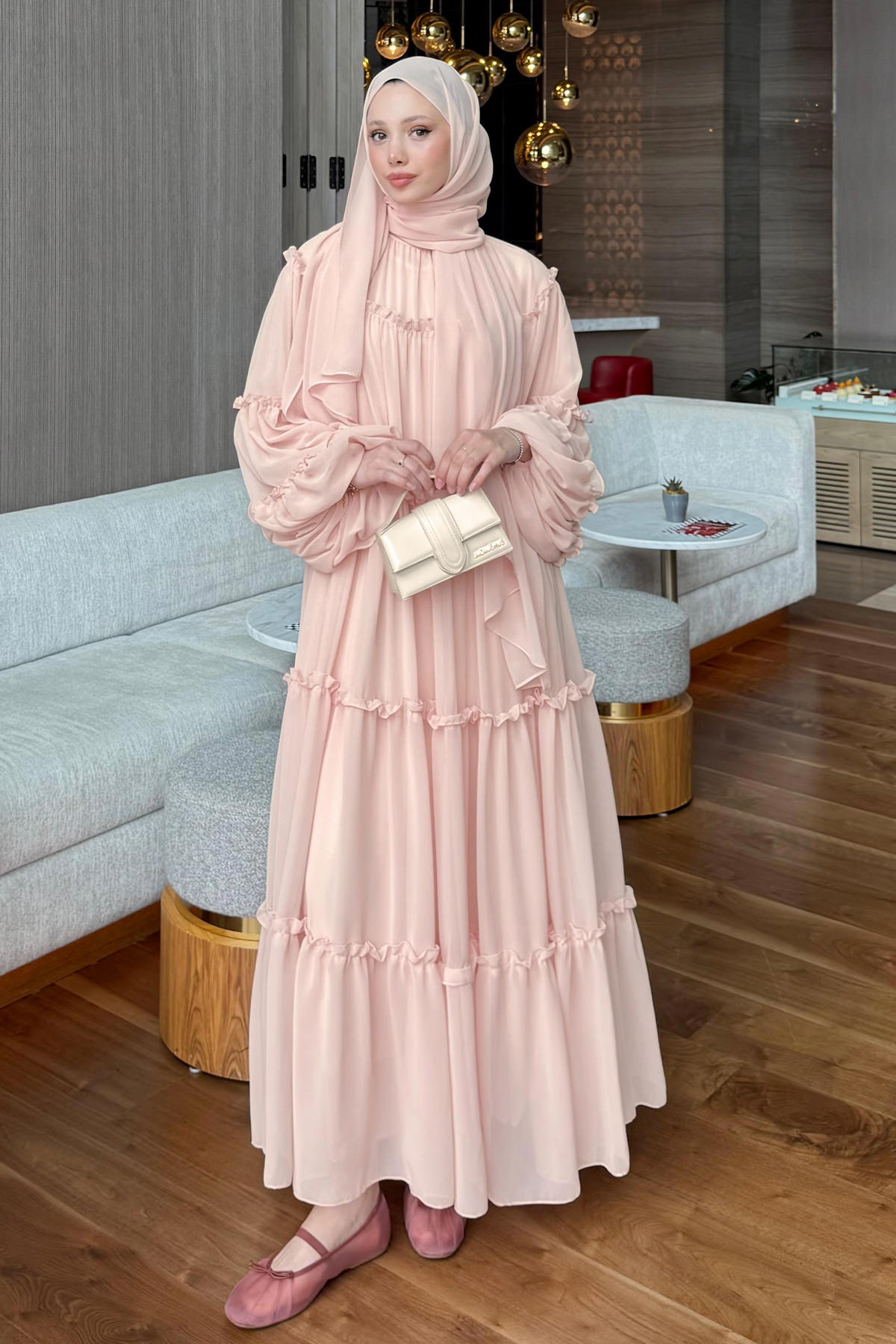 Şifon Fırfırlı Elbise Y0063 - PUDRA |  