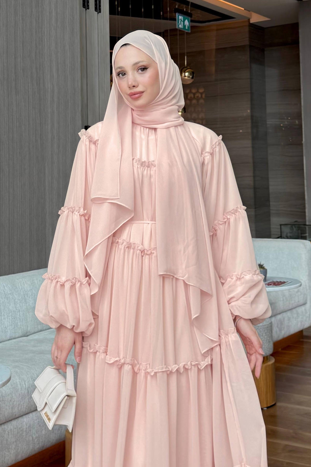 Şifon Fırfırlı Elbise Y0063 - PUDRA |  