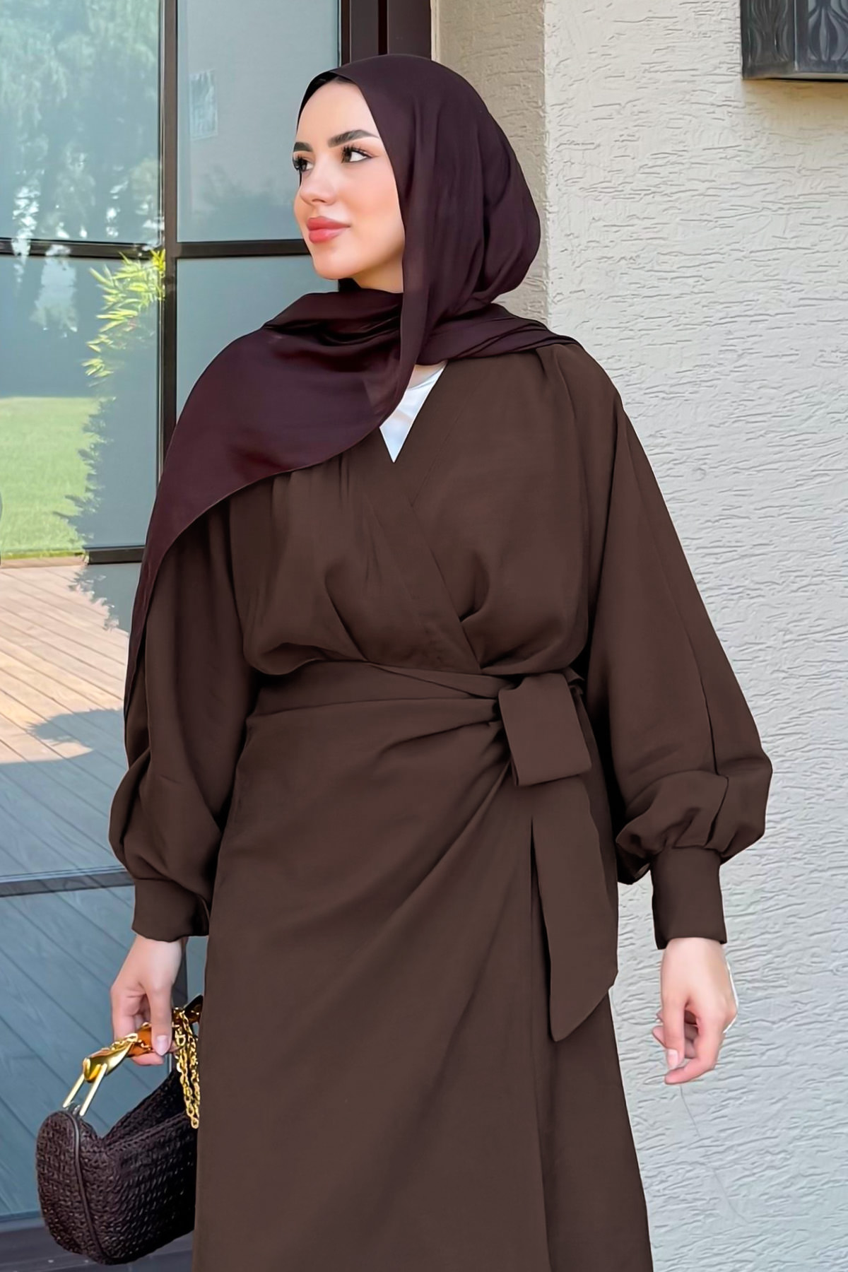 Bağlama Detaylı Elbise 9981 - KAHVERENGİ |  