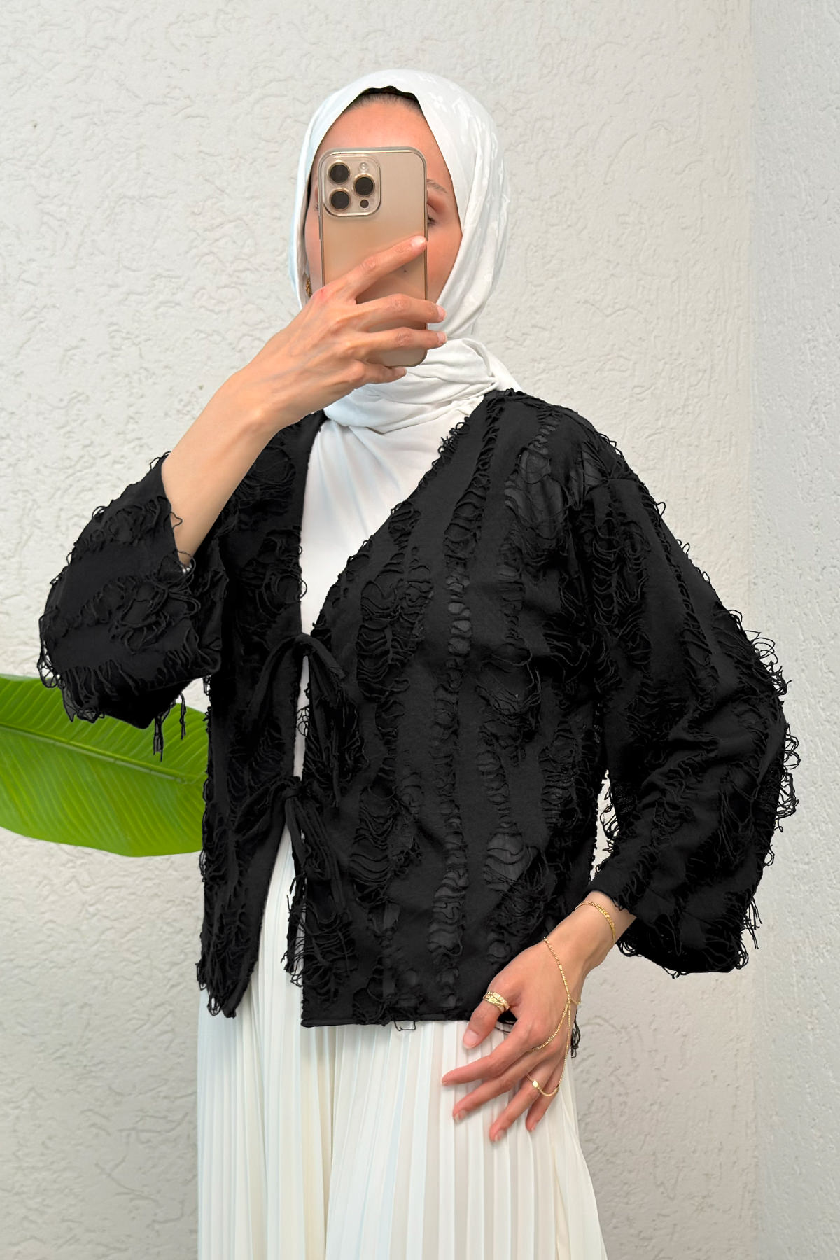 Yırtık Püsküllü Kimono 2314 - SİYAH |  