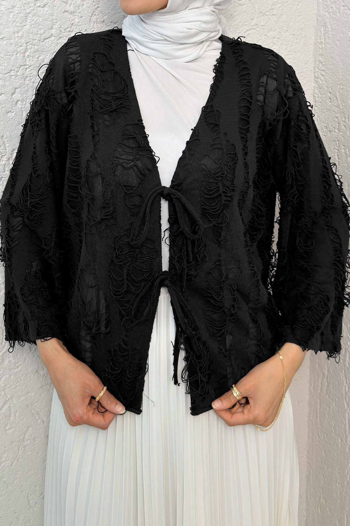 Yırtık Püsküllü Kimono 2314 - SİYAH |  