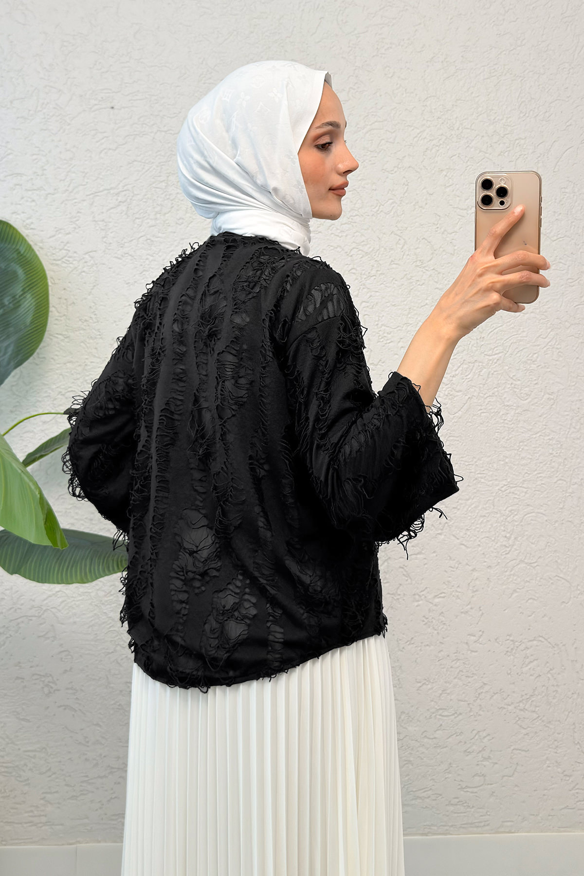 Yırtık Püsküllü Kimono 2314 - SİYAH |  