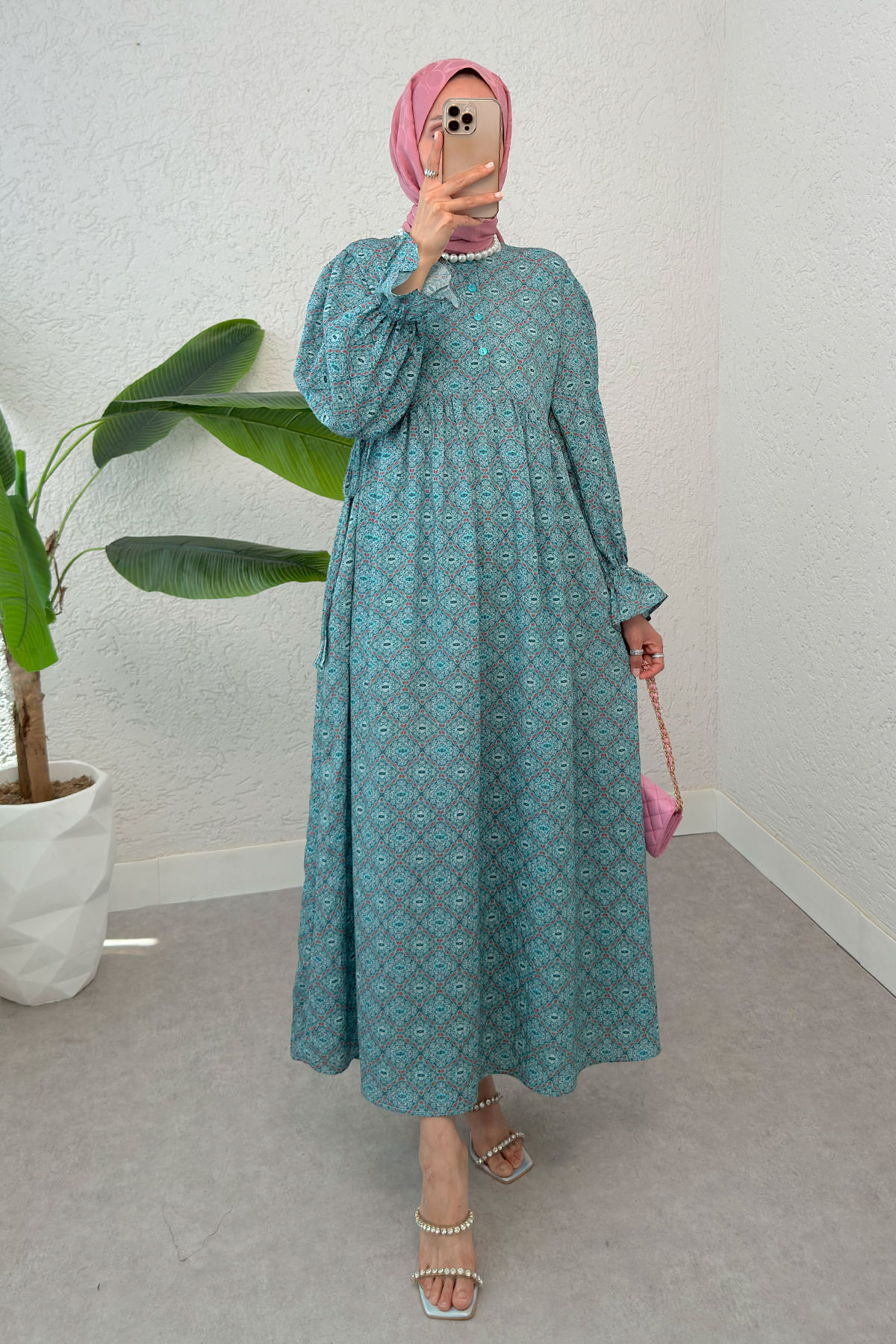 Mandala Desen Tesettür Elbise 2328 - MİNT YEŞİLİ |  