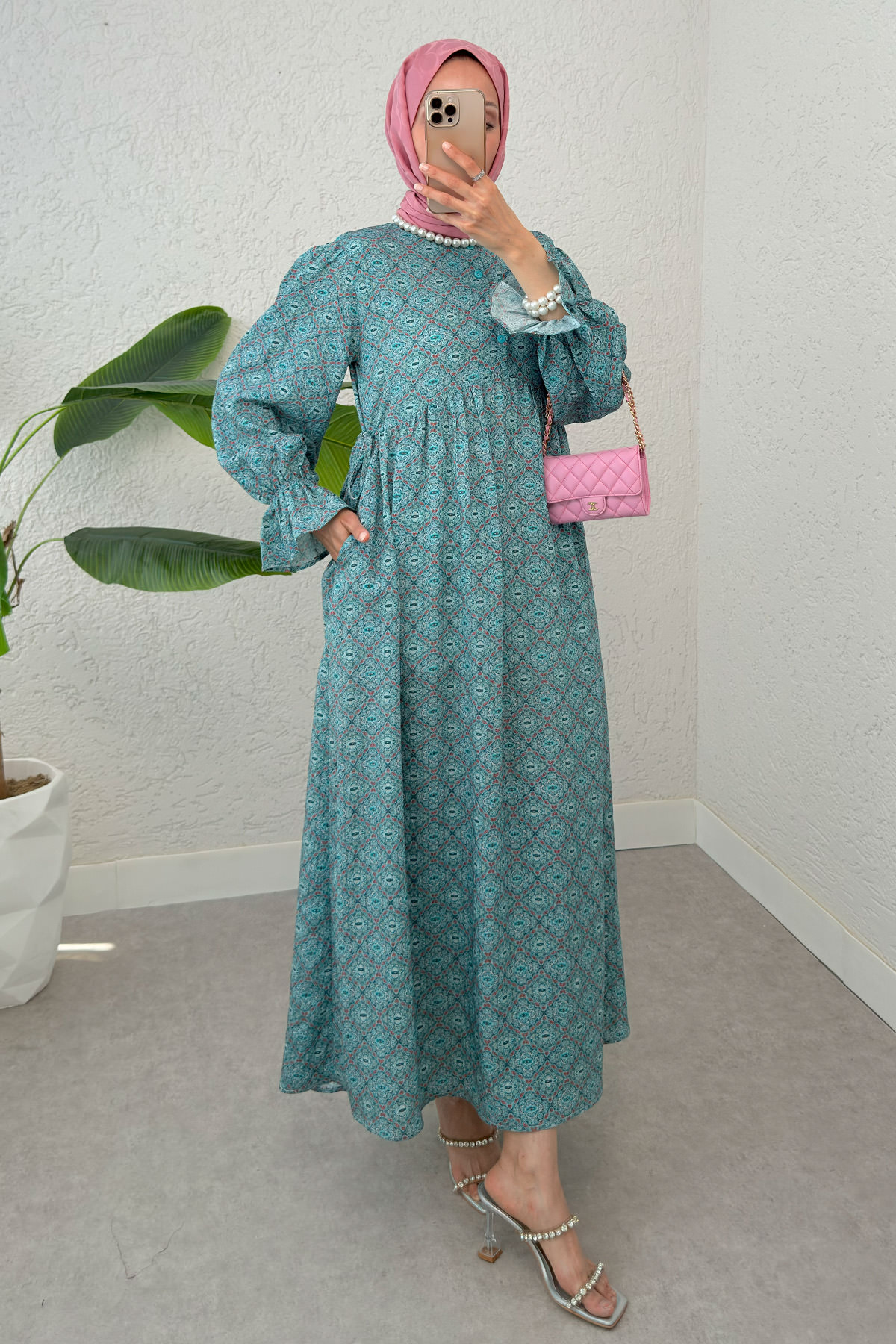 Mandala Desen Tesettür Elbise 2328 - MİNT YEŞİLİ |  