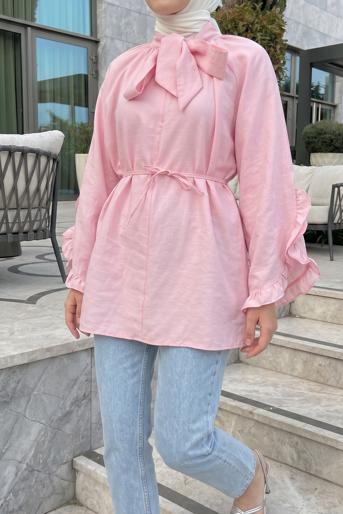 Yaka Bağlamalı Tunik Y0059 - AÇIK PEMBE |  