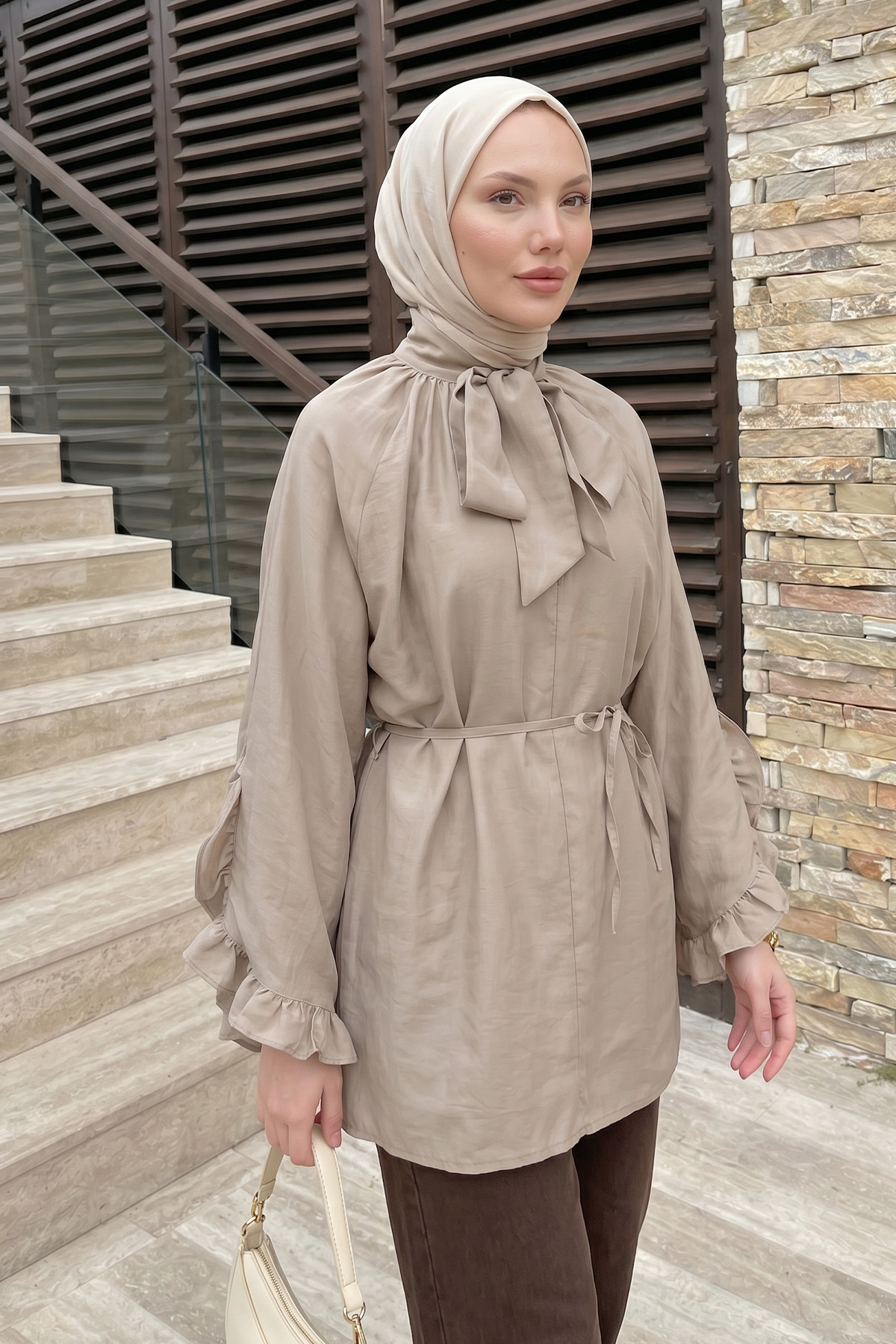 Yaka Bağlamalı Tunik Y0059 - TAŞ RENGİ |  