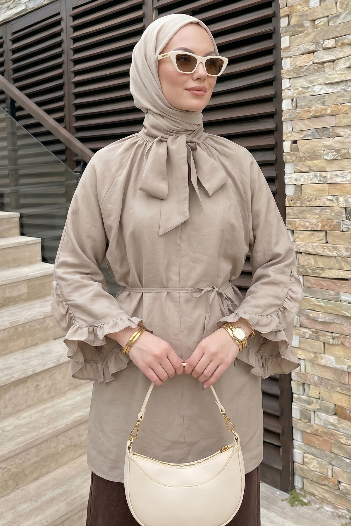 Yaka Bağlamalı Tunik Y0059 - TAŞ RENGİ |  
