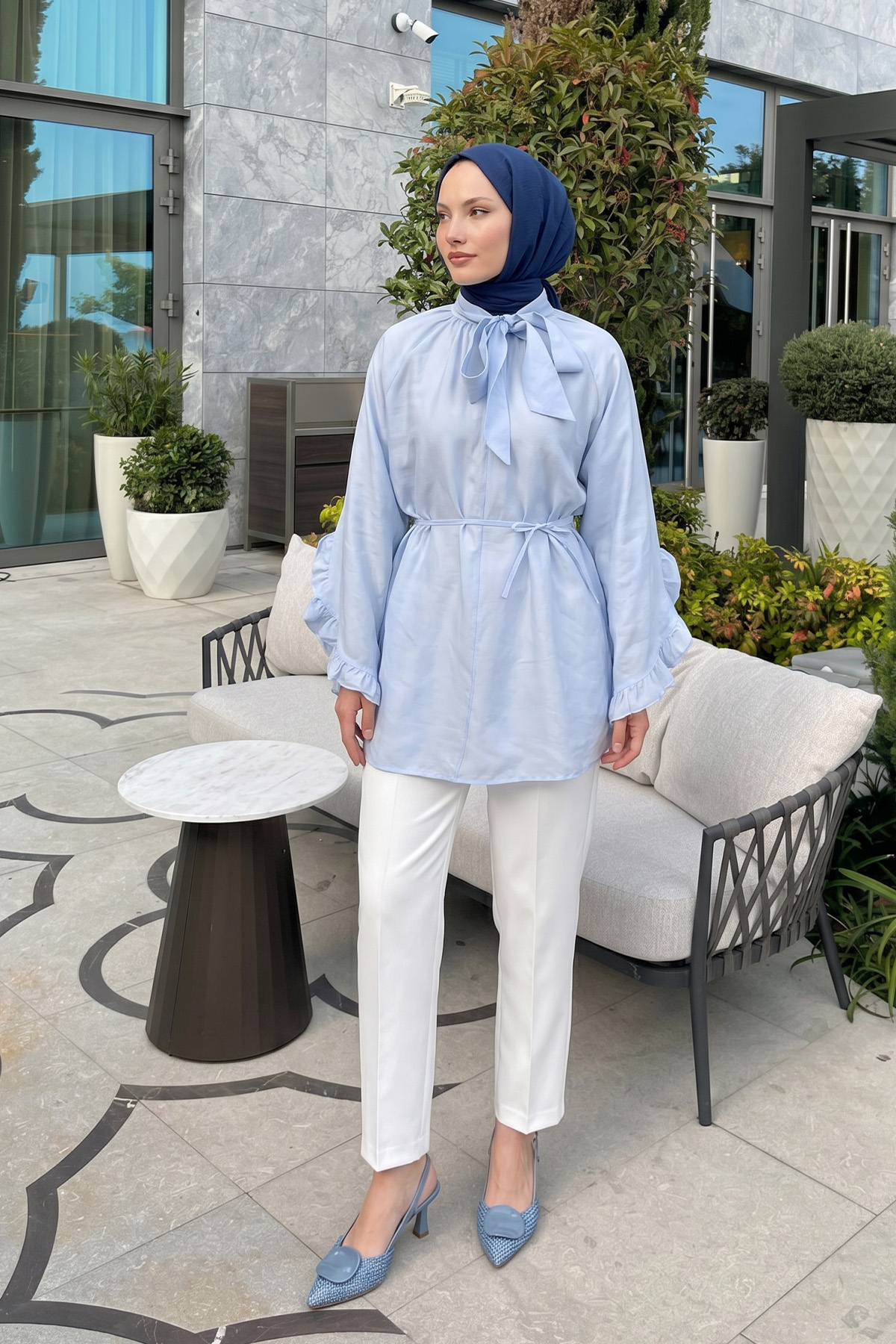 Yaka Bağlamalı Tunik Y0059 - BEBE MAVİSİ | zenne.com 
