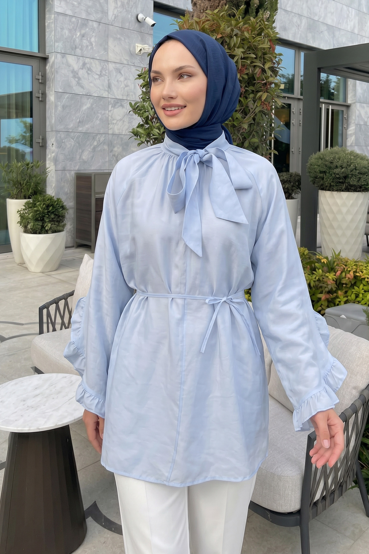 Yaka Bağlamalı Tunik Y0059 - BEBE MAVİSİ | zenne.com 
