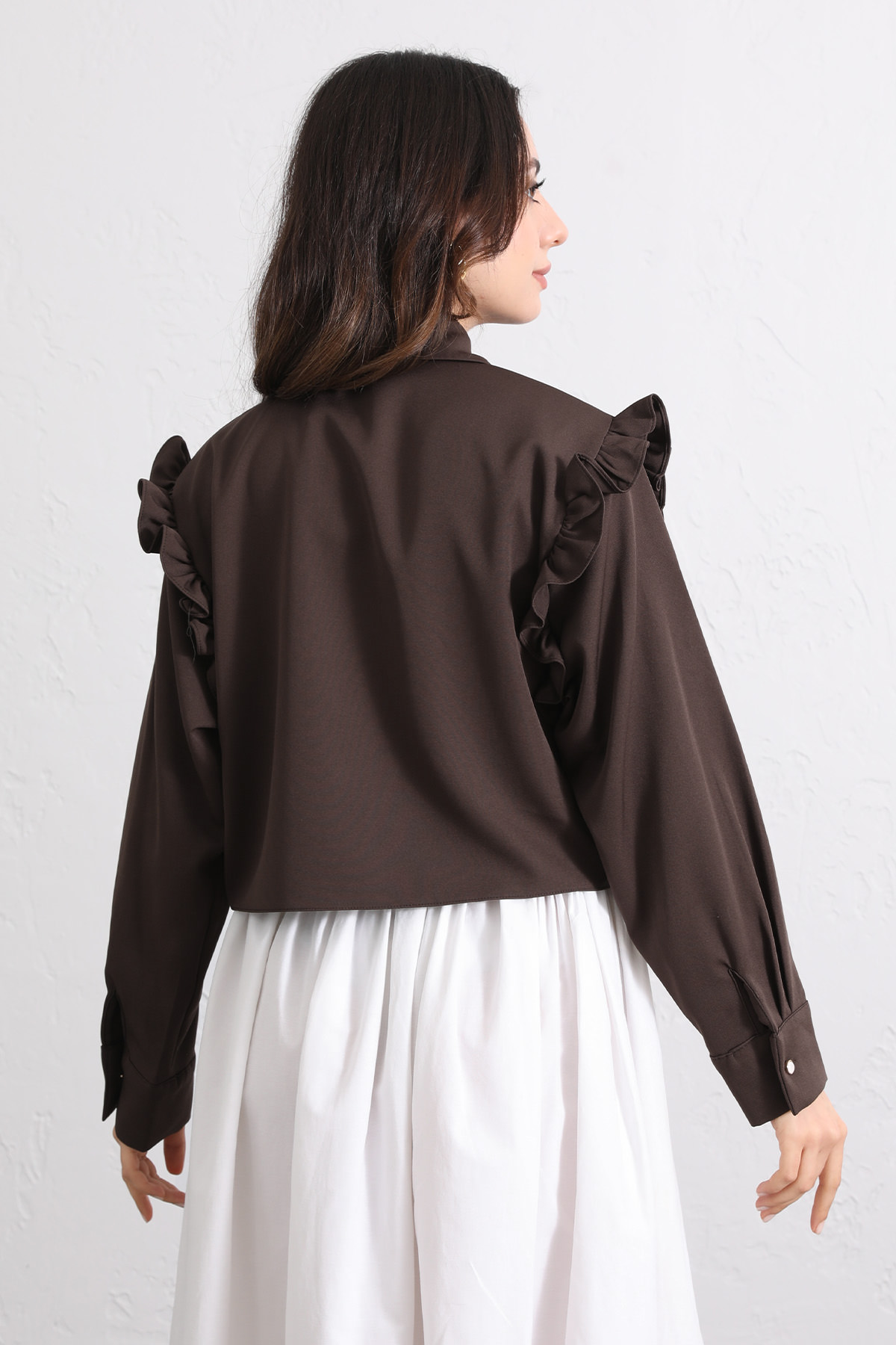 Çapraz Kesim Volanlı Bluz Y0070 - KAHVERENGİ |  