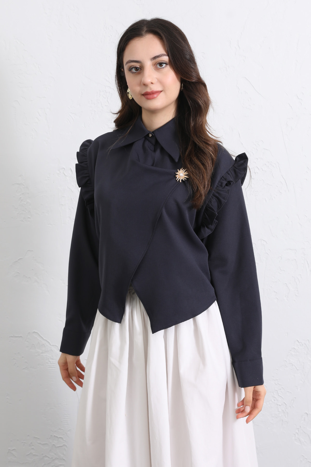 Çapraz Kesim Volanlı Bluz Y0070 - LACİVERT |  