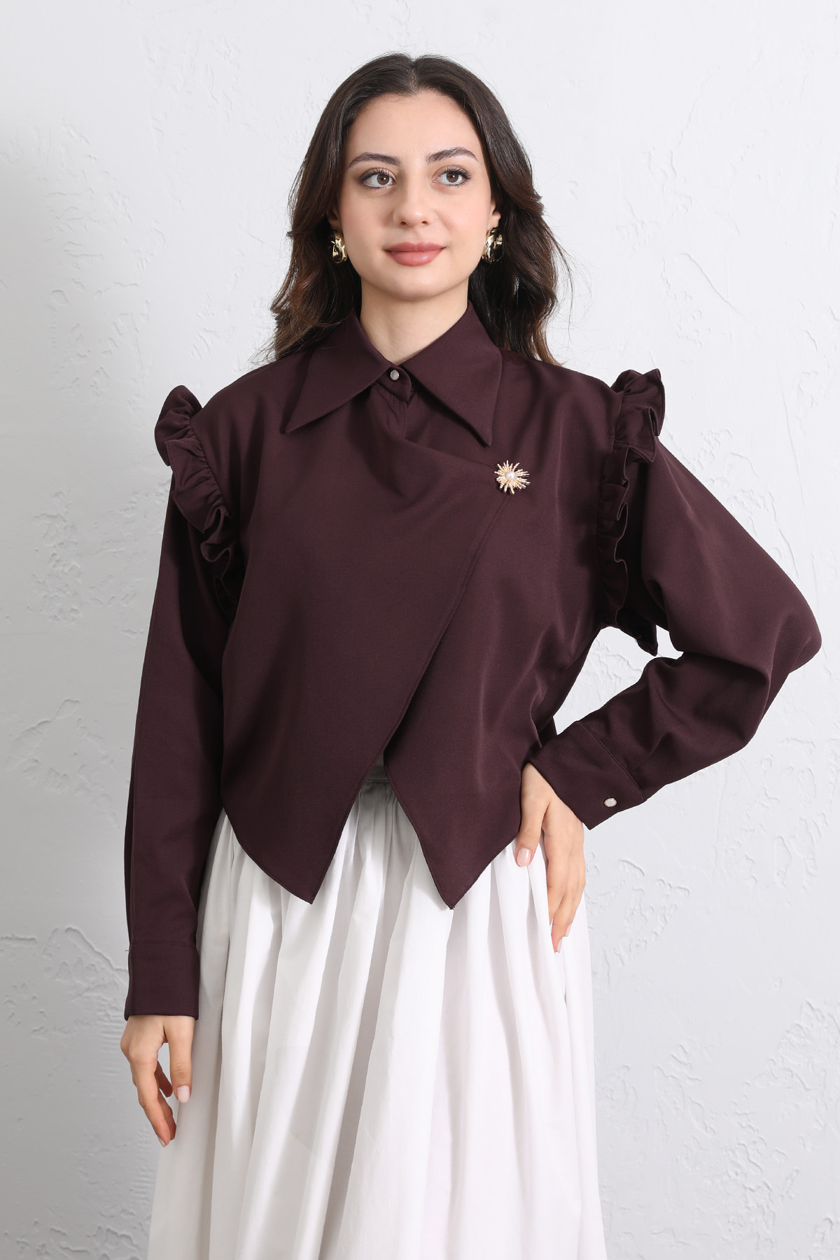 Çapraz Kesim Volanlı Bluz Y0070 - MÜRDÜM |  