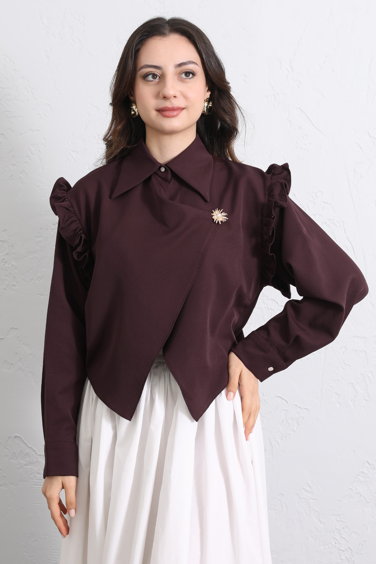 Çapraz Kesim Volanlı Bluz Y0070 - MÜRDÜM |  