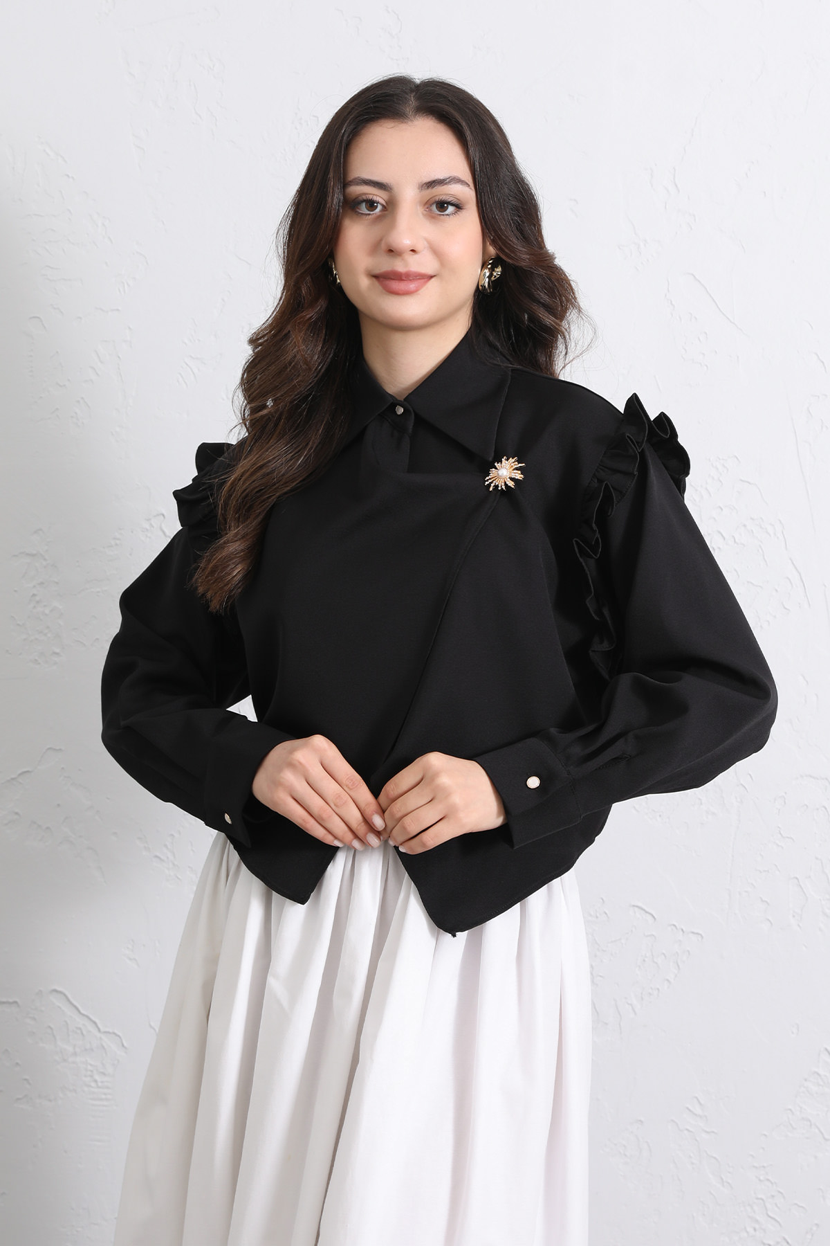 Çapraz Kesim Volanlı Bluz Y0070 - SİYAH |  