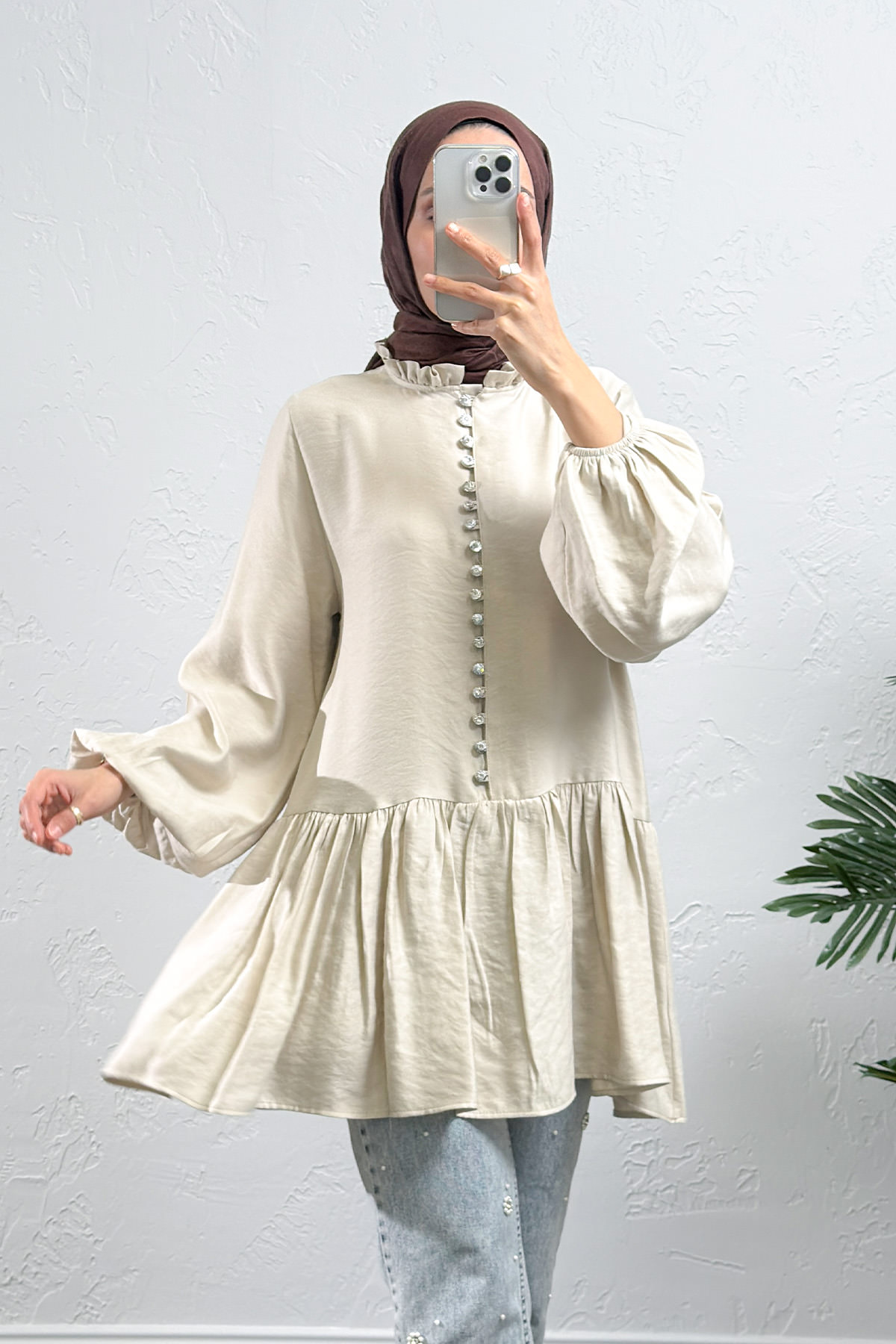Brit Düğmeli Peplum Tunik Y0082 - EKRU |  