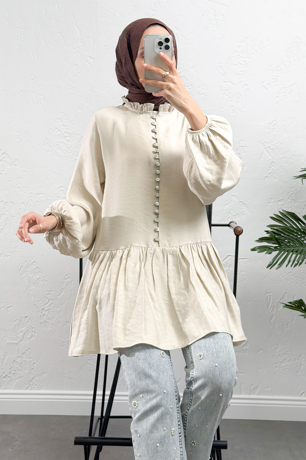 Brit Düğmeli Peplum Tunik Y0082 - EKRU |  