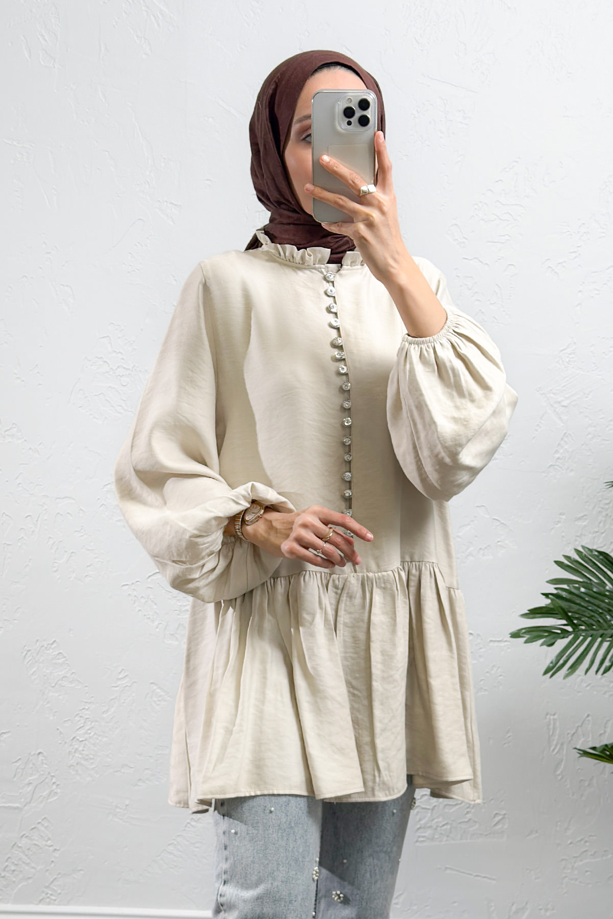 Brit Düğmeli Peplum Tunik Y0082 - EKRU |  