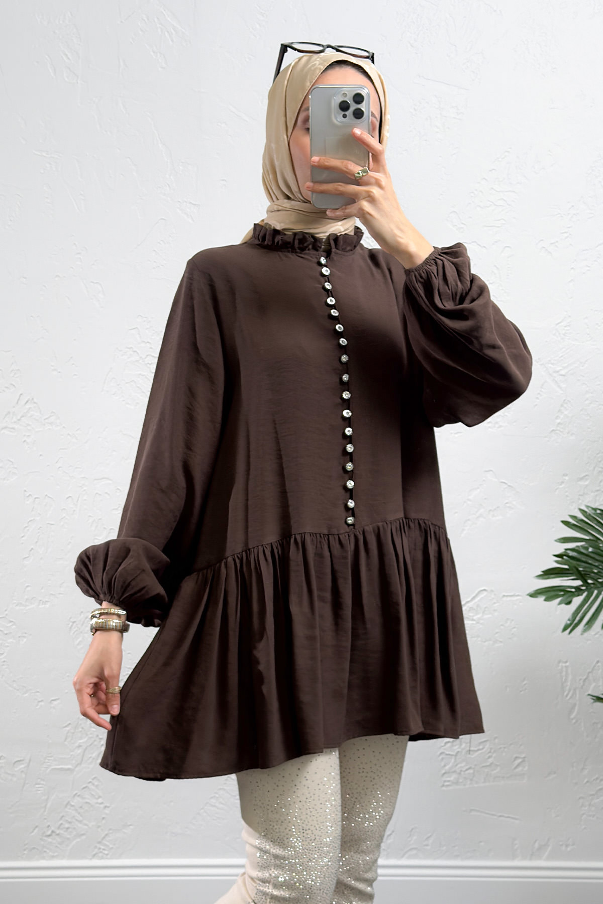 Brit Düğmeli Peplum Tunik Y0082 - KAHVERENGİ |  