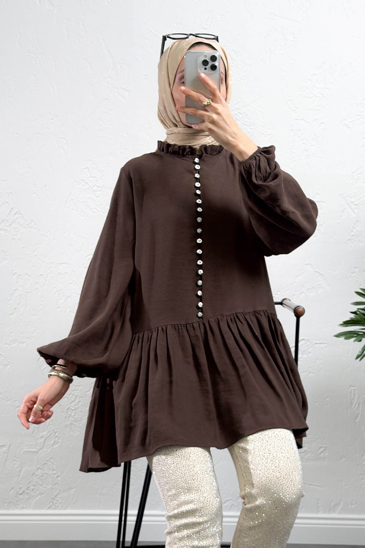 Brit Düğmeli Peplum Tunik Y0082 - KAHVERENGİ |  