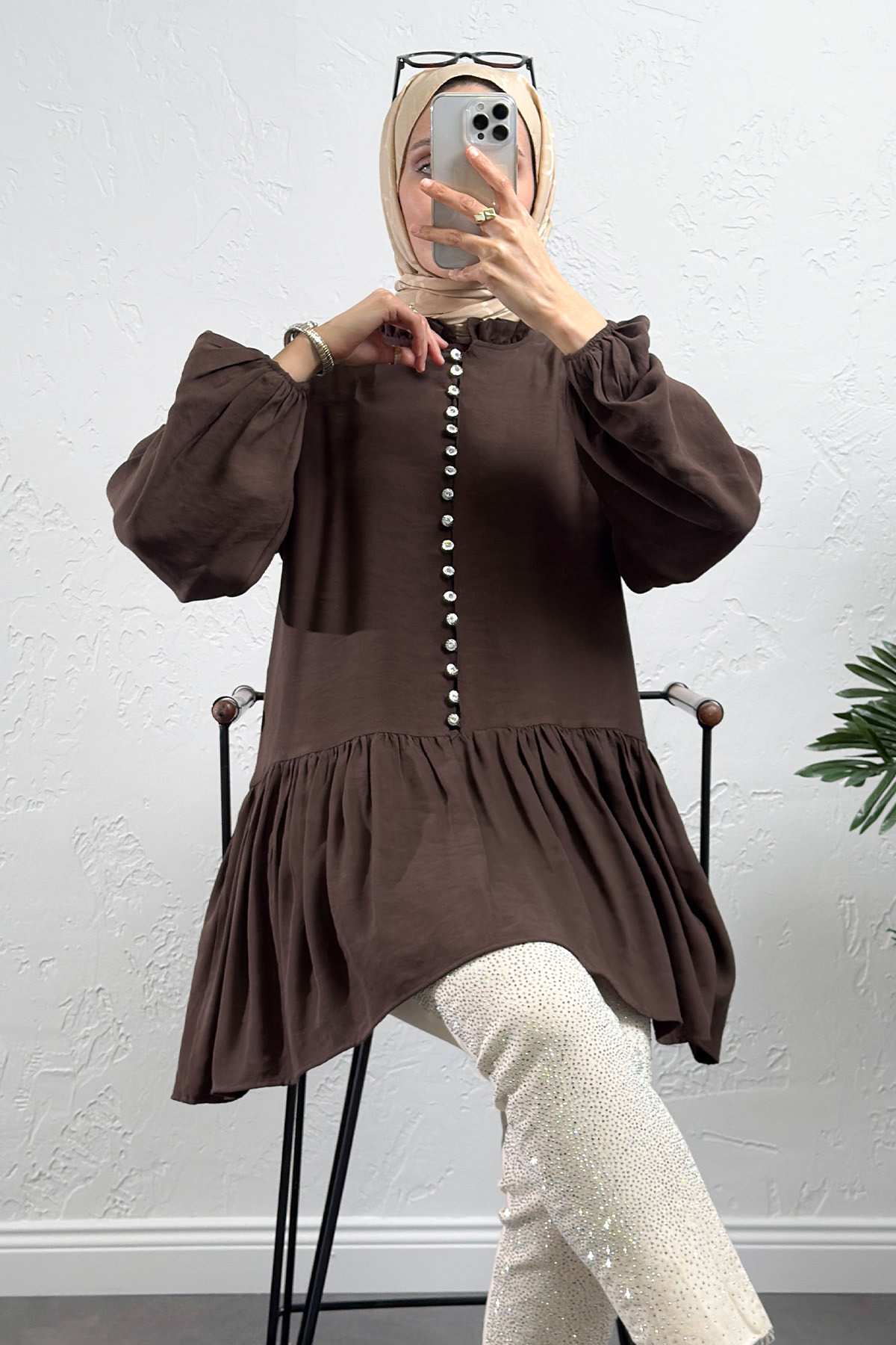 Brit Düğmeli Peplum Tunik Y0082 - KAHVERENGİ |  