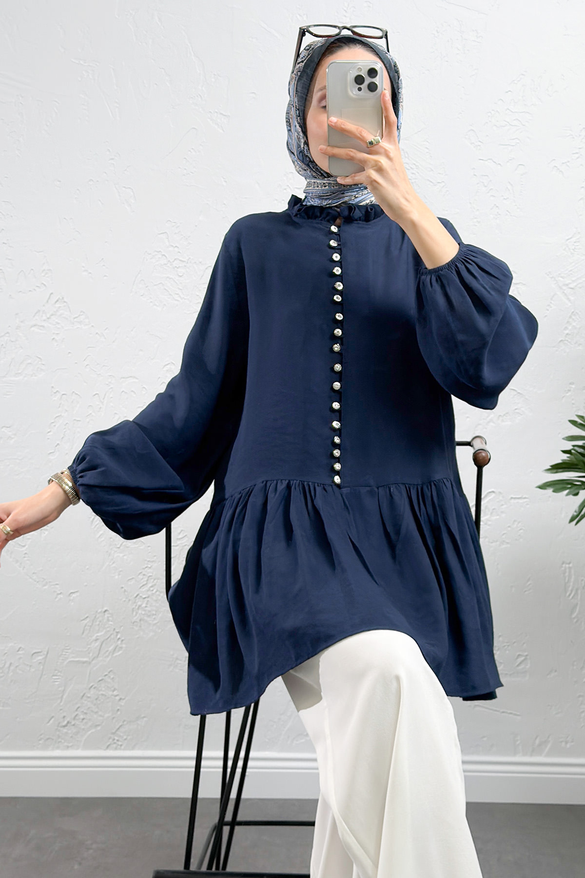Brit Düğmeli Peplum Tunik Y0082 - LACİVERT |  