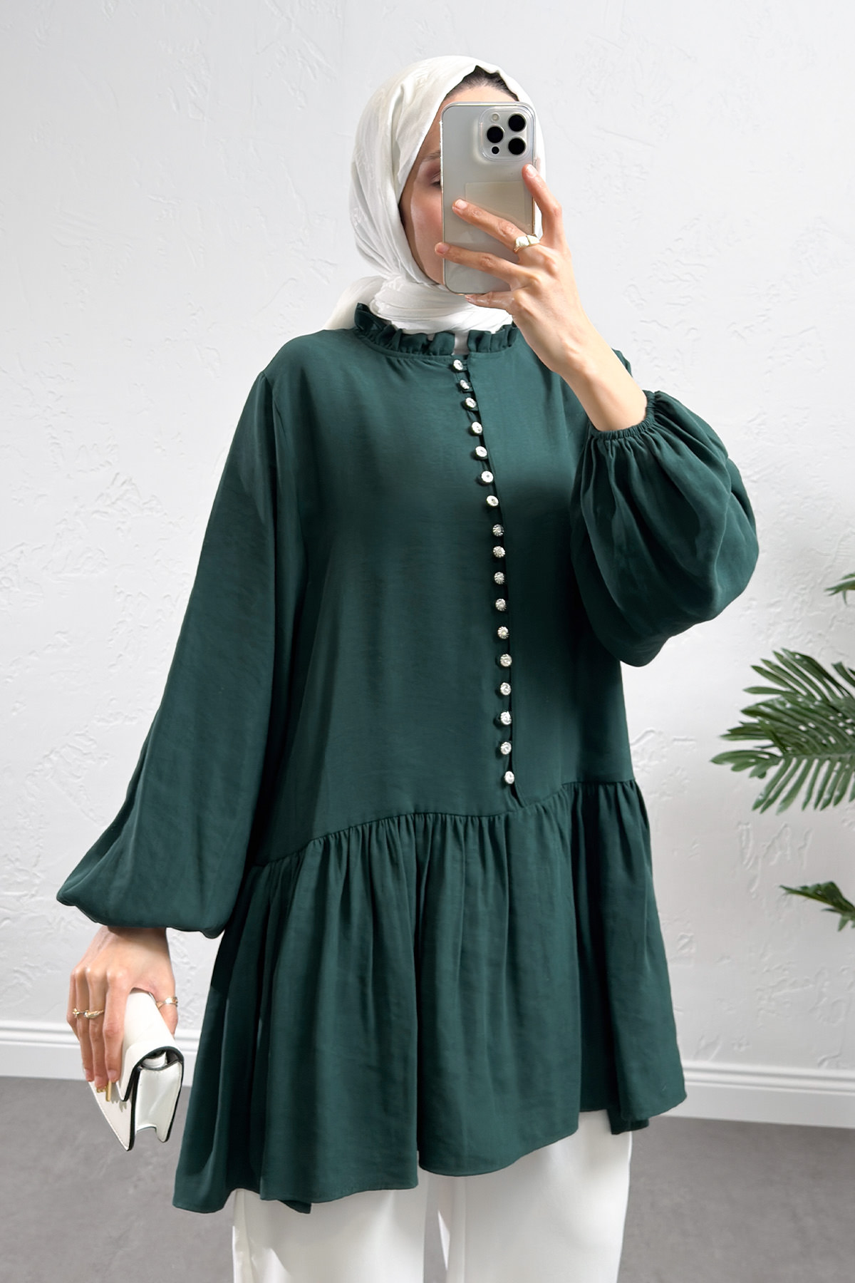 Brit Düğmeli Peplum Tunik Y0082 - ZÜMRÜT YEŞİLİ |  