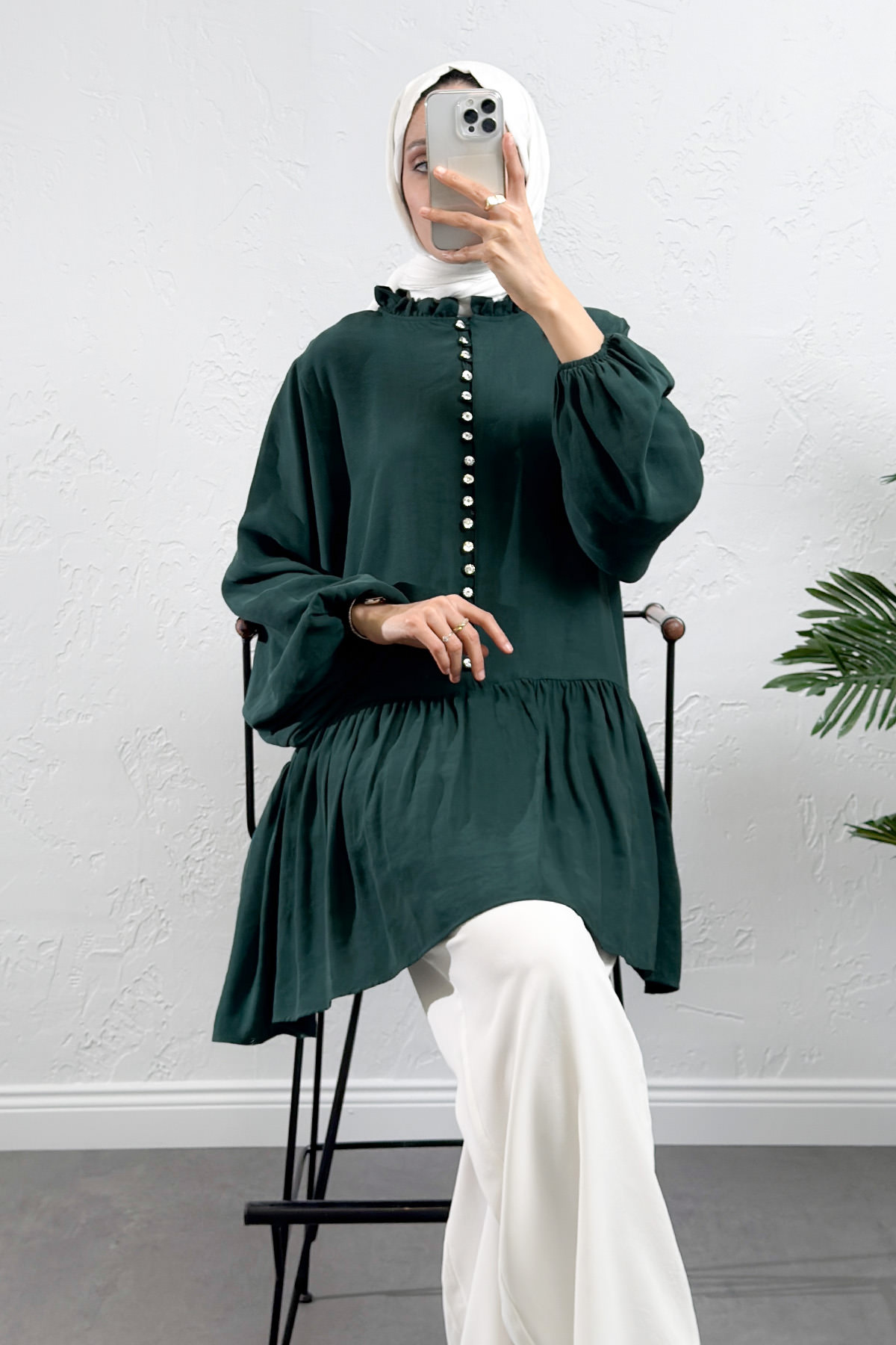 Brit Düğmeli Peplum Tunik Y0082 - ZÜMRÜT YEŞİLİ |  