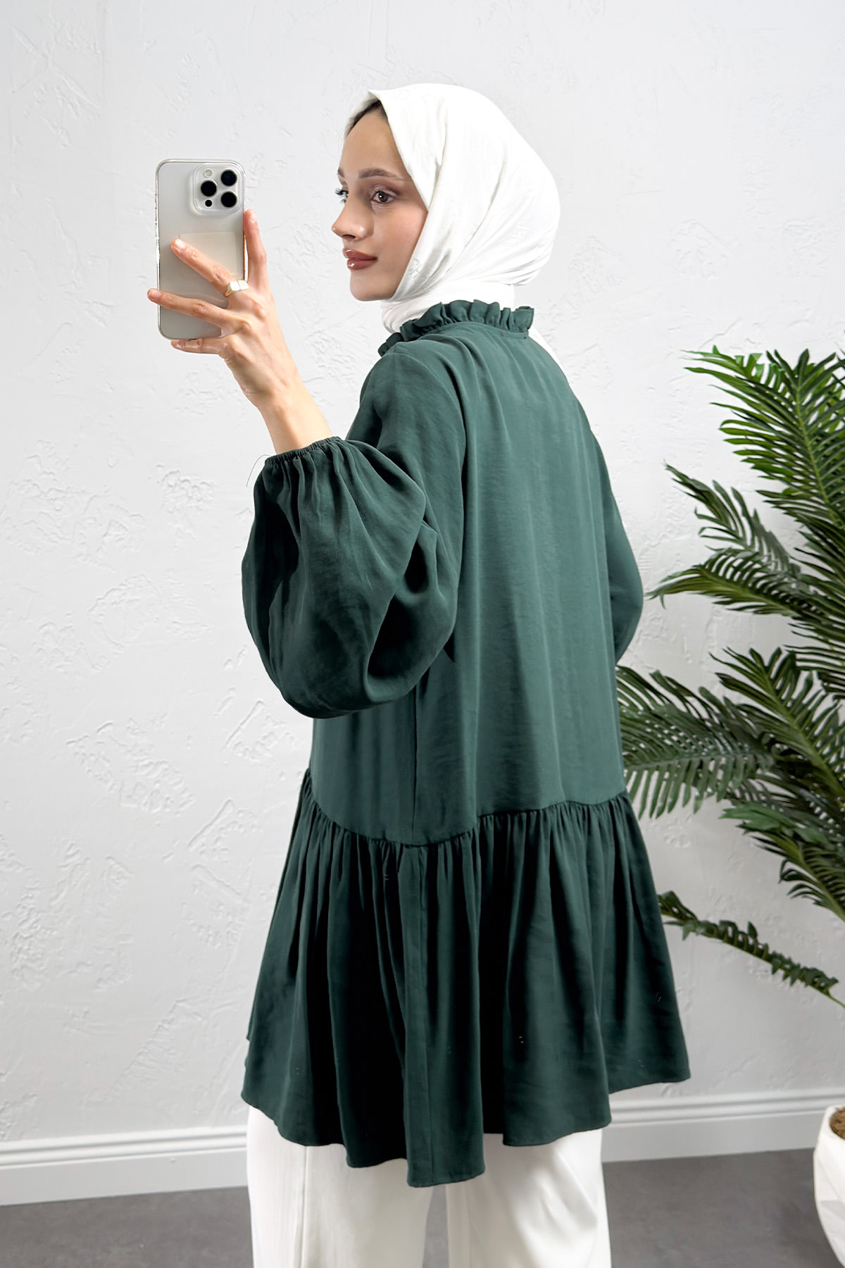 Brit Düğmeli Peplum Tunik Y0082 - ZÜMRÜT YEŞİLİ |  