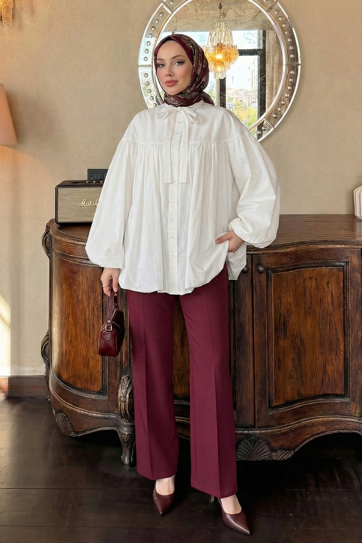 Yaka Kuşaklı Tunik Y0088 - BEYAZ |  