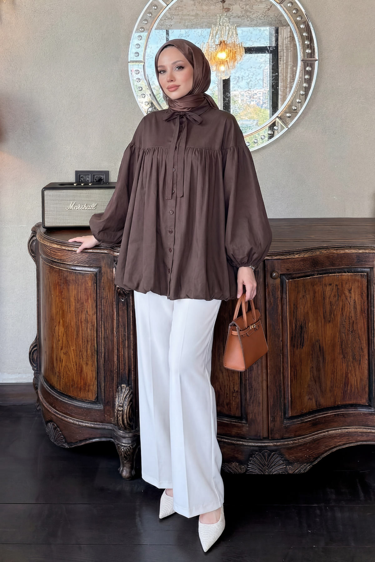 Yaka Kuşaklı Tunik Y0088 - KAHVERENGİ |  