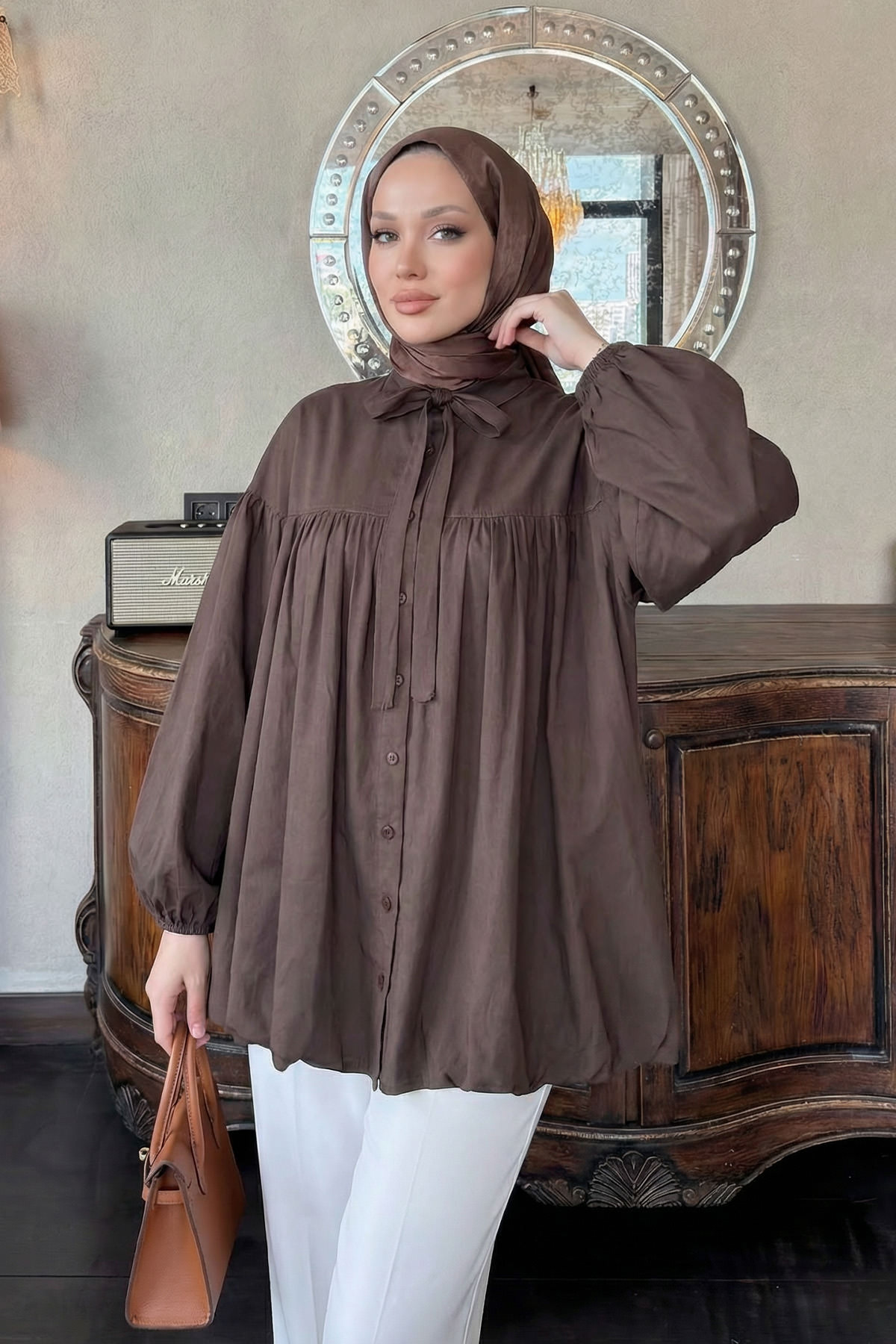 Yaka Kuşaklı Tunik Y0088 - KAHVERENGİ |  