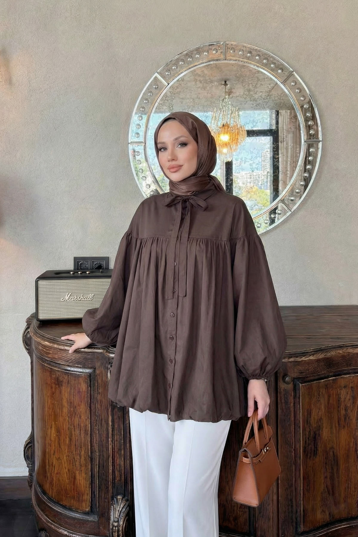 Yaka Kuşaklı Tunik Y0088 - KAHVERENGİ |  