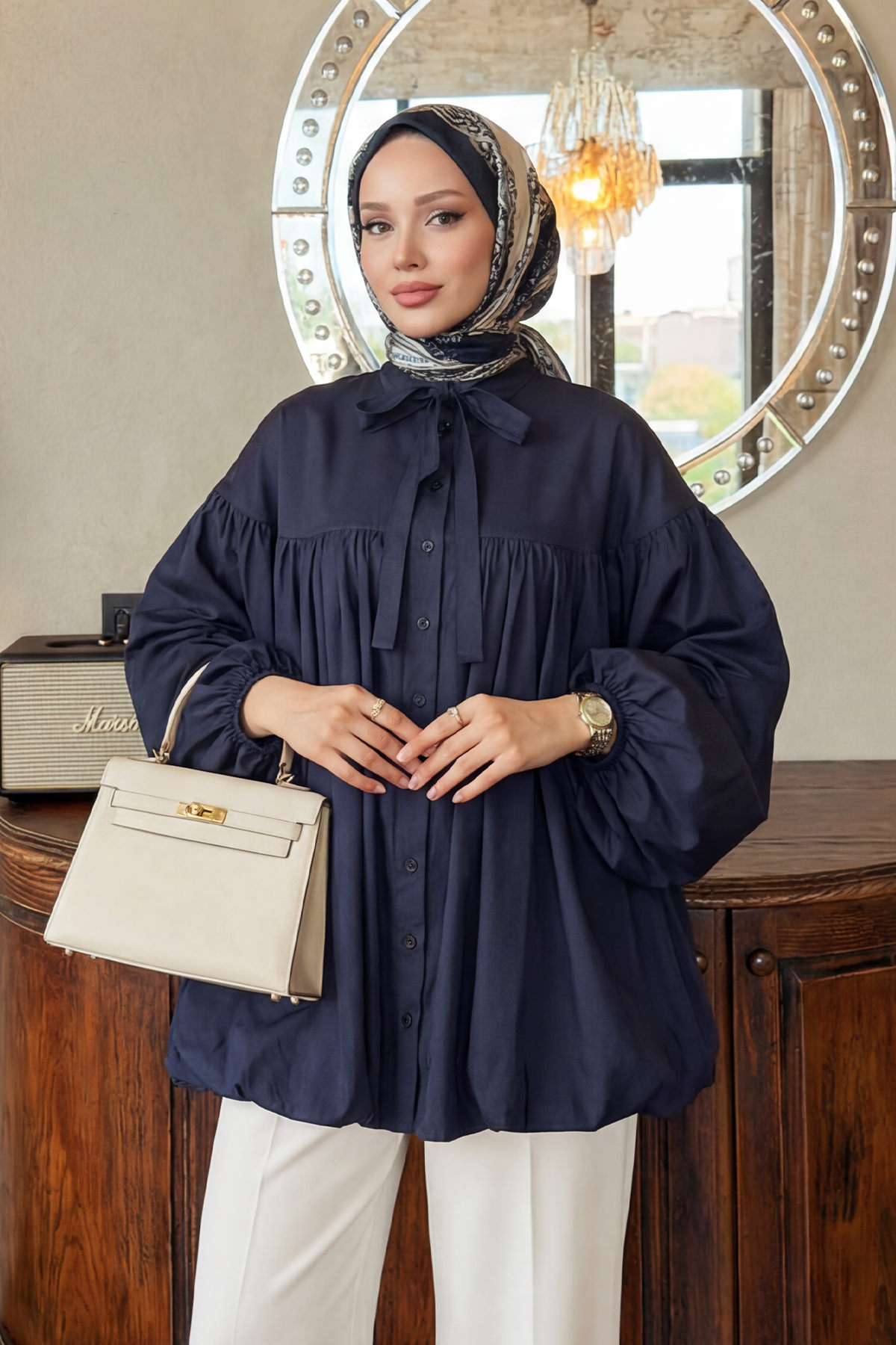 Yaka Kuşaklı Tunik Y0088 - LACİVERT |  