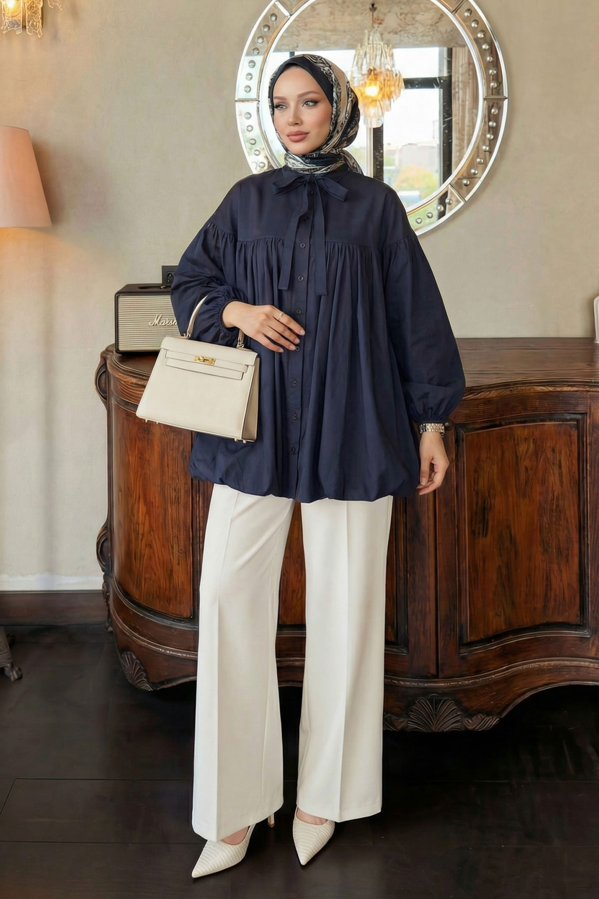 Yaka Kuşaklı Tunik Y0088 - LACİVERT |  