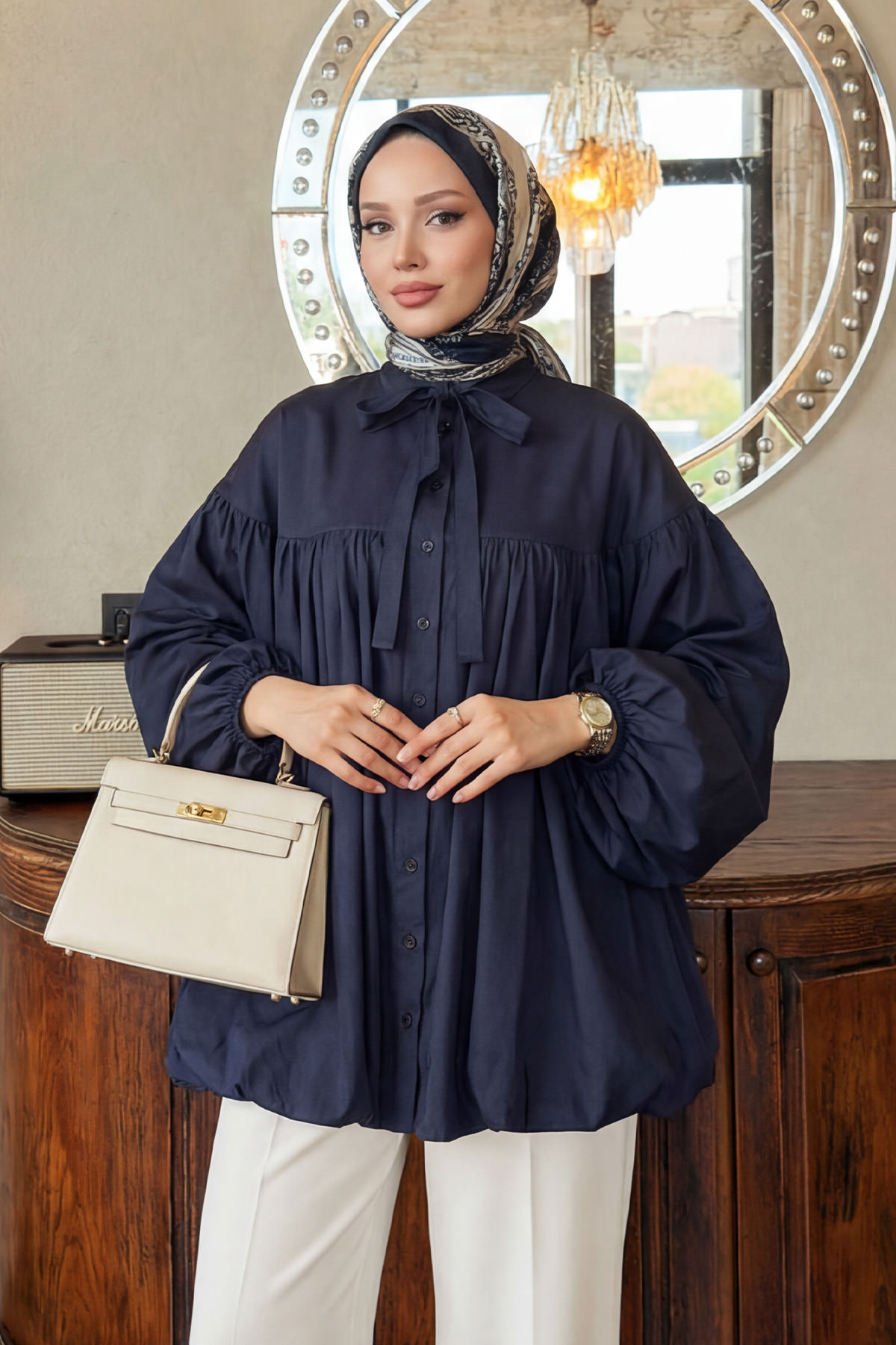 Yaka Kuşaklı Tunik Y0088 - LACİVERT |  