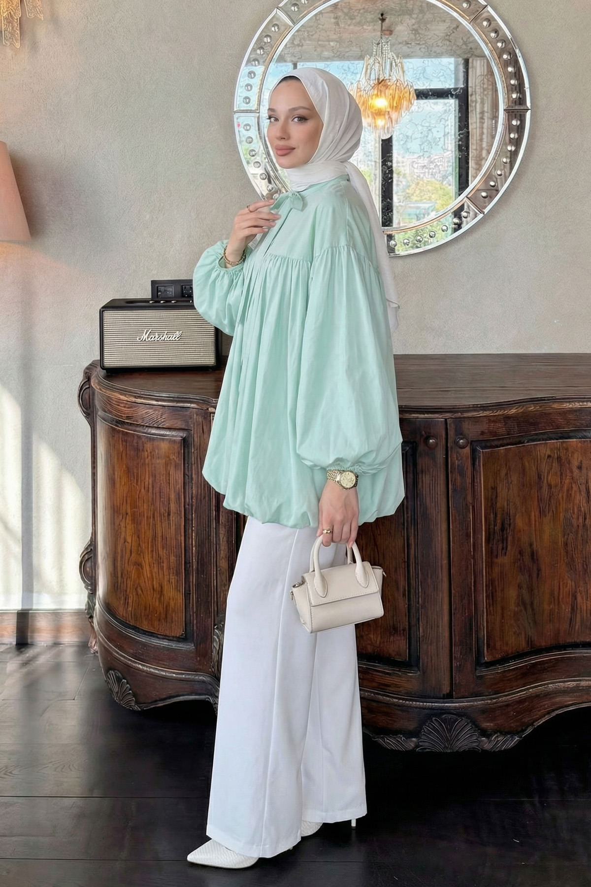 Yaka Kuşaklı Tunik Y0088 - SU YEŞİLİ |  