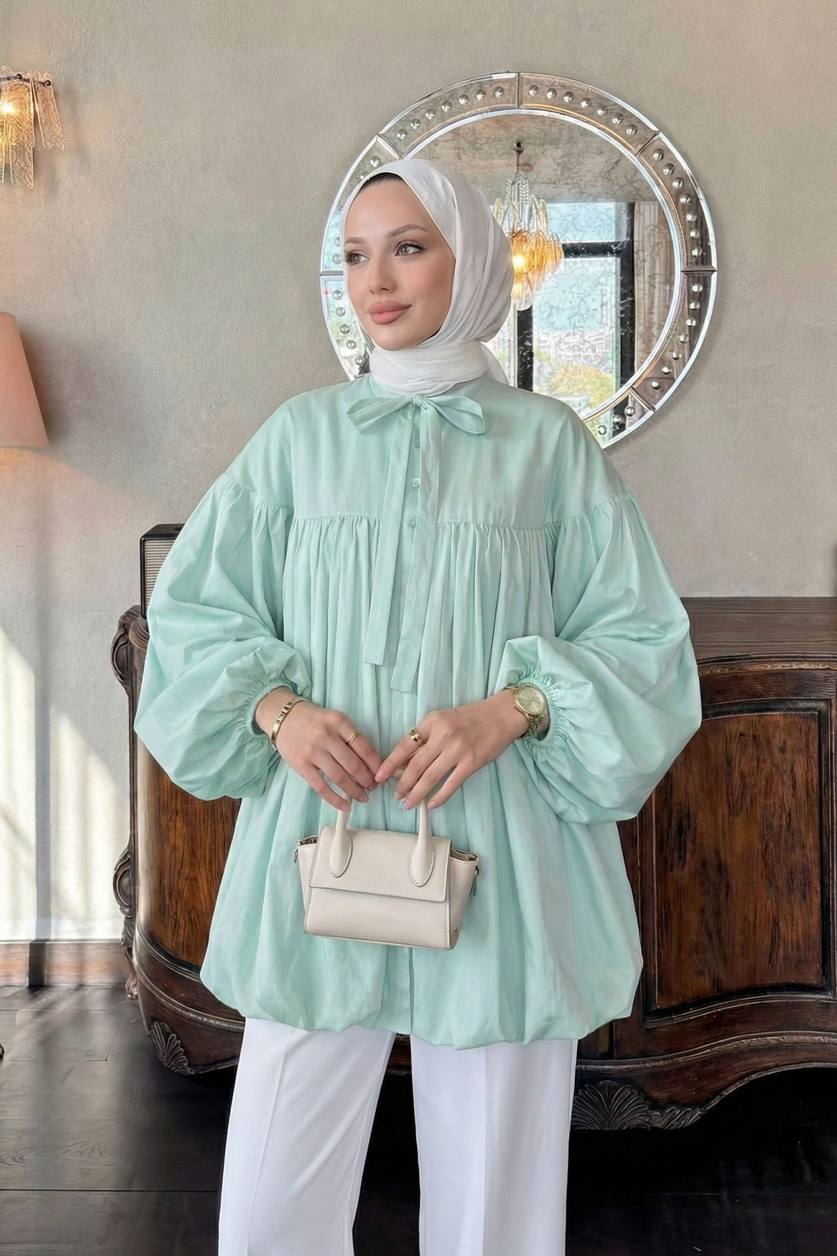 Yaka Kuşaklı Tunik Y0088 - SU YEŞİLİ |  