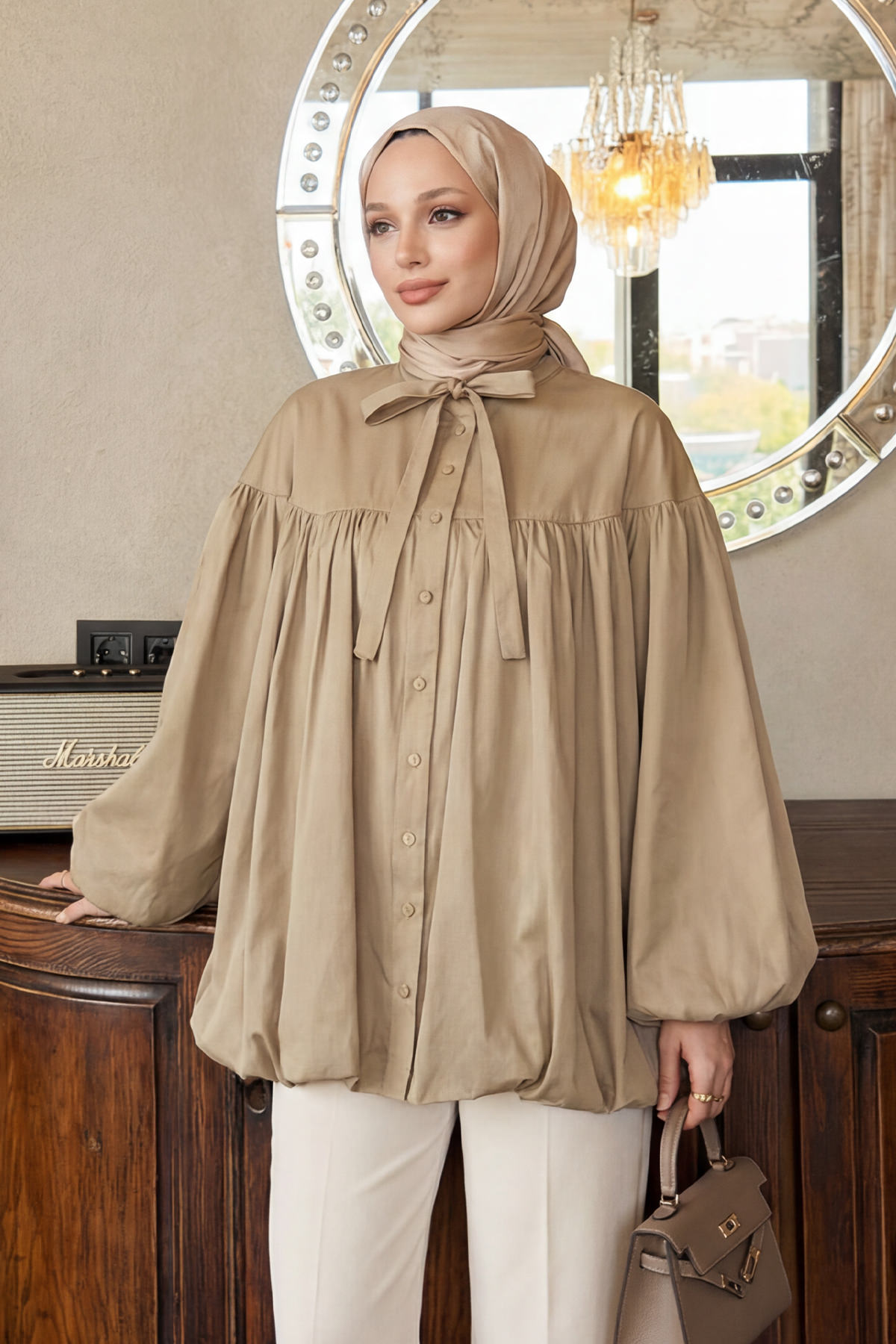 Yaka Kuşaklı Tunik Y0088 - VİZON |  