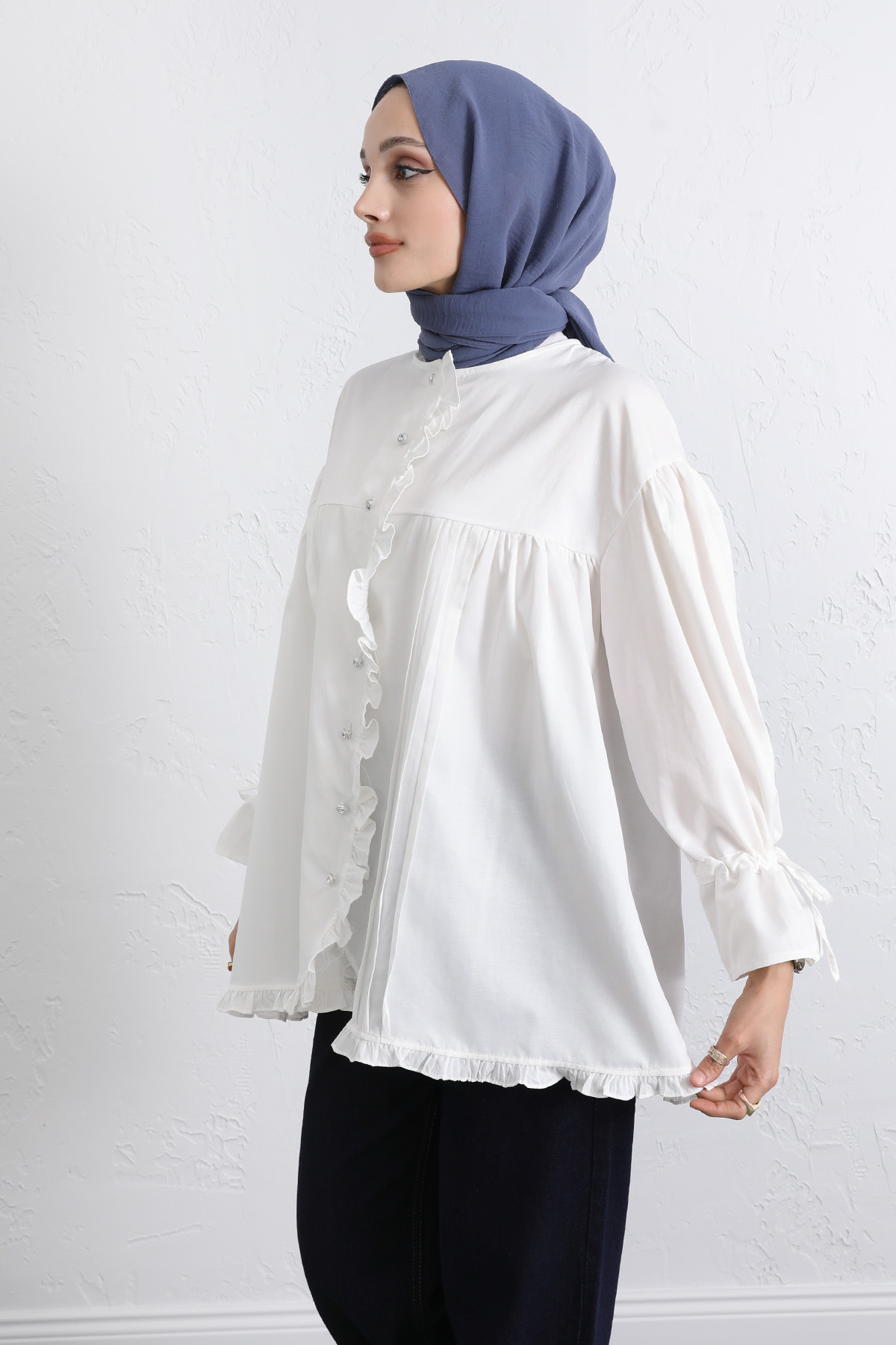 Kol Büzgülü Fırfırlı Gömlek Y0093 - BEYAZ |  
