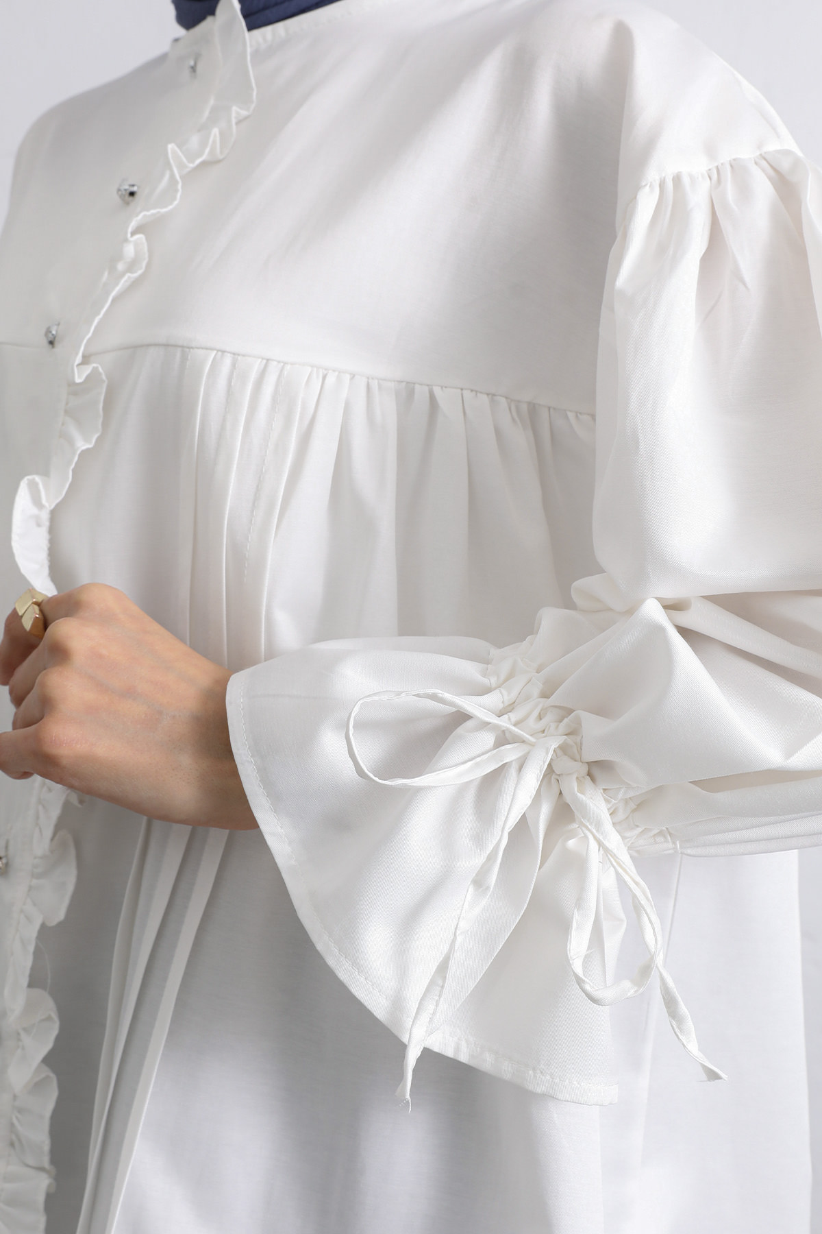 Kol Büzgülü Fırfırlı Gömlek Y0093 - BEYAZ |  