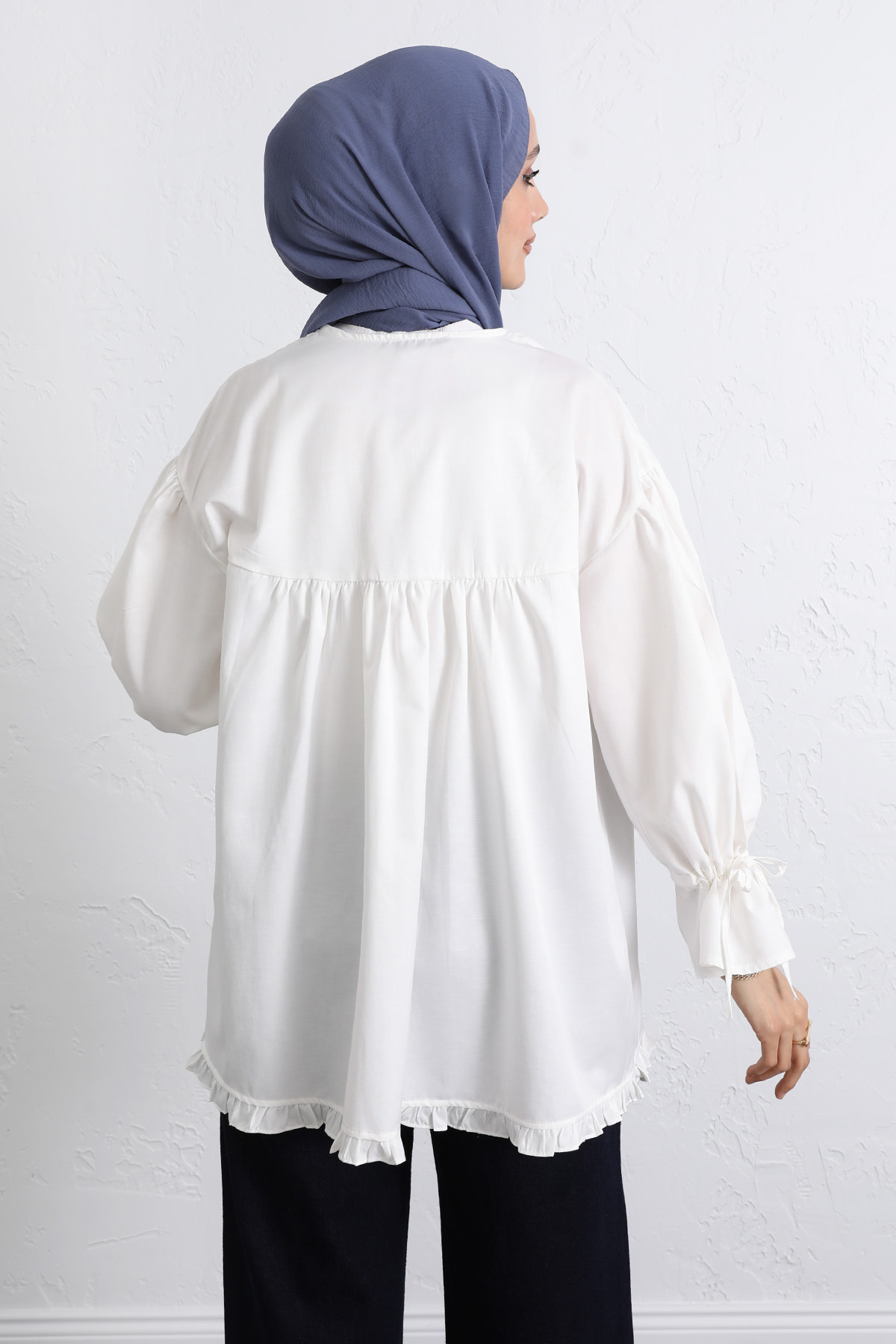 Kol Büzgülü Fırfırlı Gömlek Y0093 - BEYAZ |  