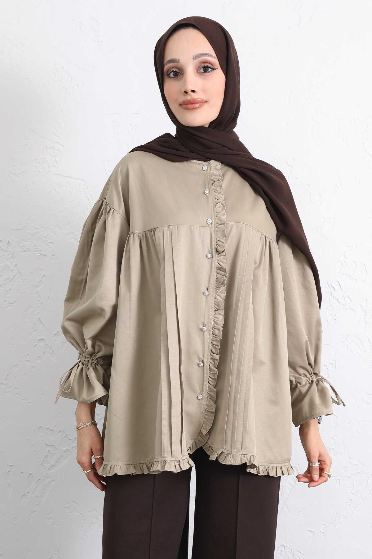 Kol Büzgülü Fırfırlı Gömlek Y0093 - HAKİ |  