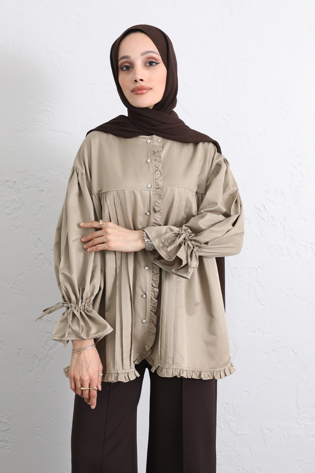 Kol Büzgülü Fırfırlı Gömlek Y0093 - HAKİ |  